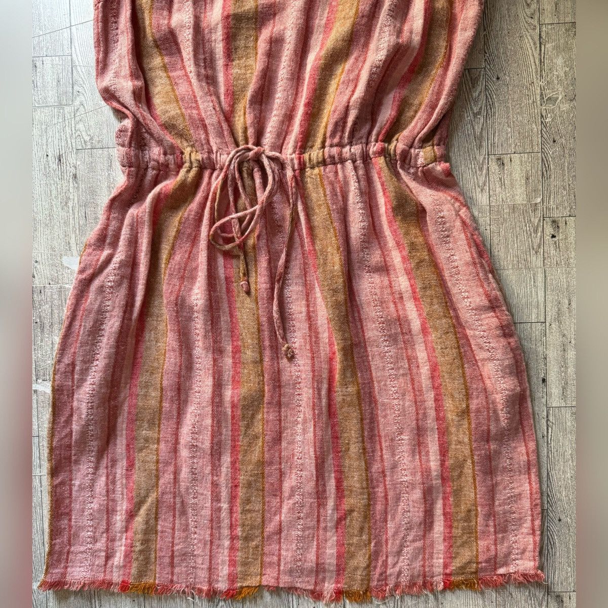 DREW Red Nat Dobby, Striped, Drawstring Linen Dress - qualityabacus.co.in
