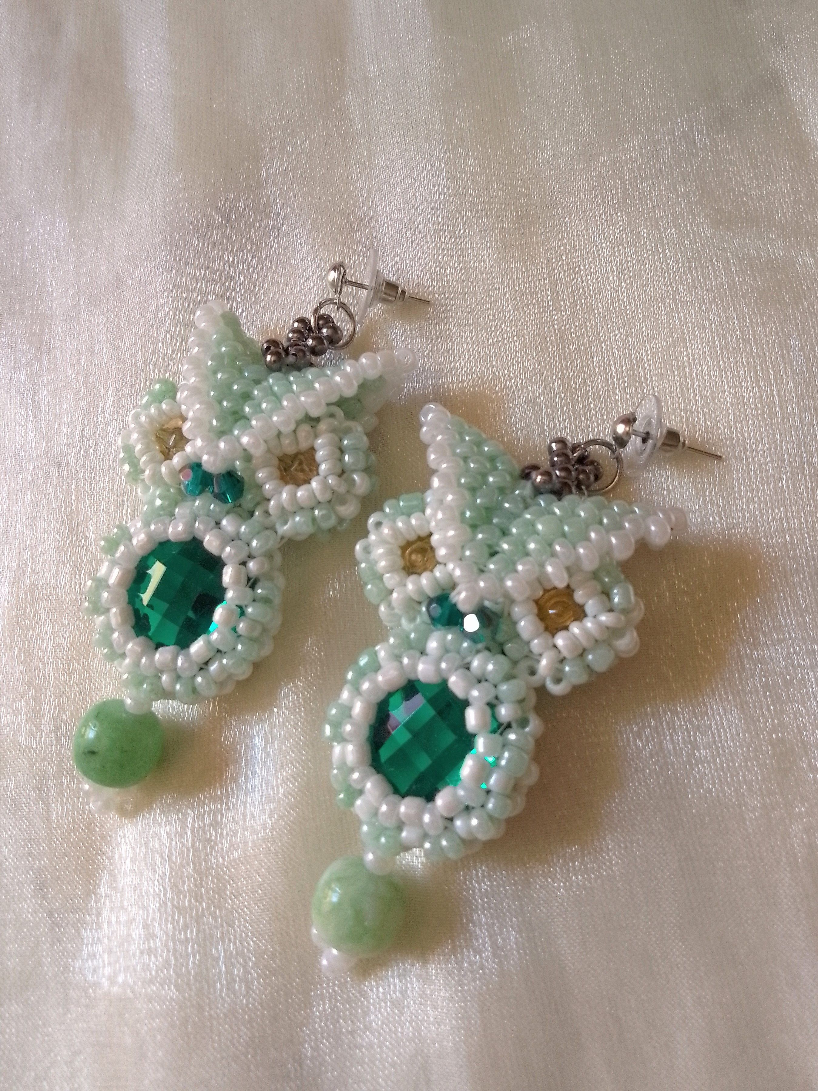 Handmade Owl dangling earrings with precious gemstones and zirconia Size ONE SIZE - 8 Thumbnail