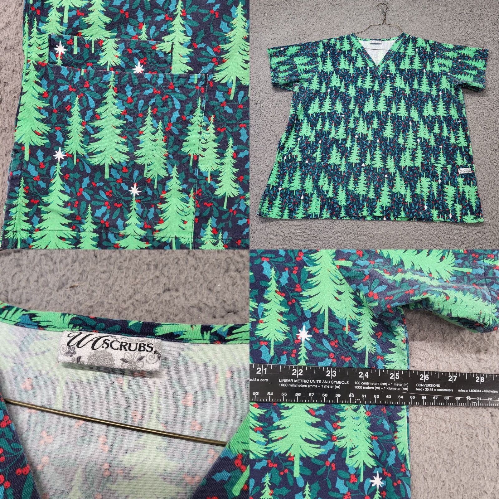 Vintage Uniform Advantage Scrub Top Women XL Green Red Blue Winter Trees Christmas Patterns Nurse... Size XL / US 12-14 / IT 48-50 - 8 Thumbnail