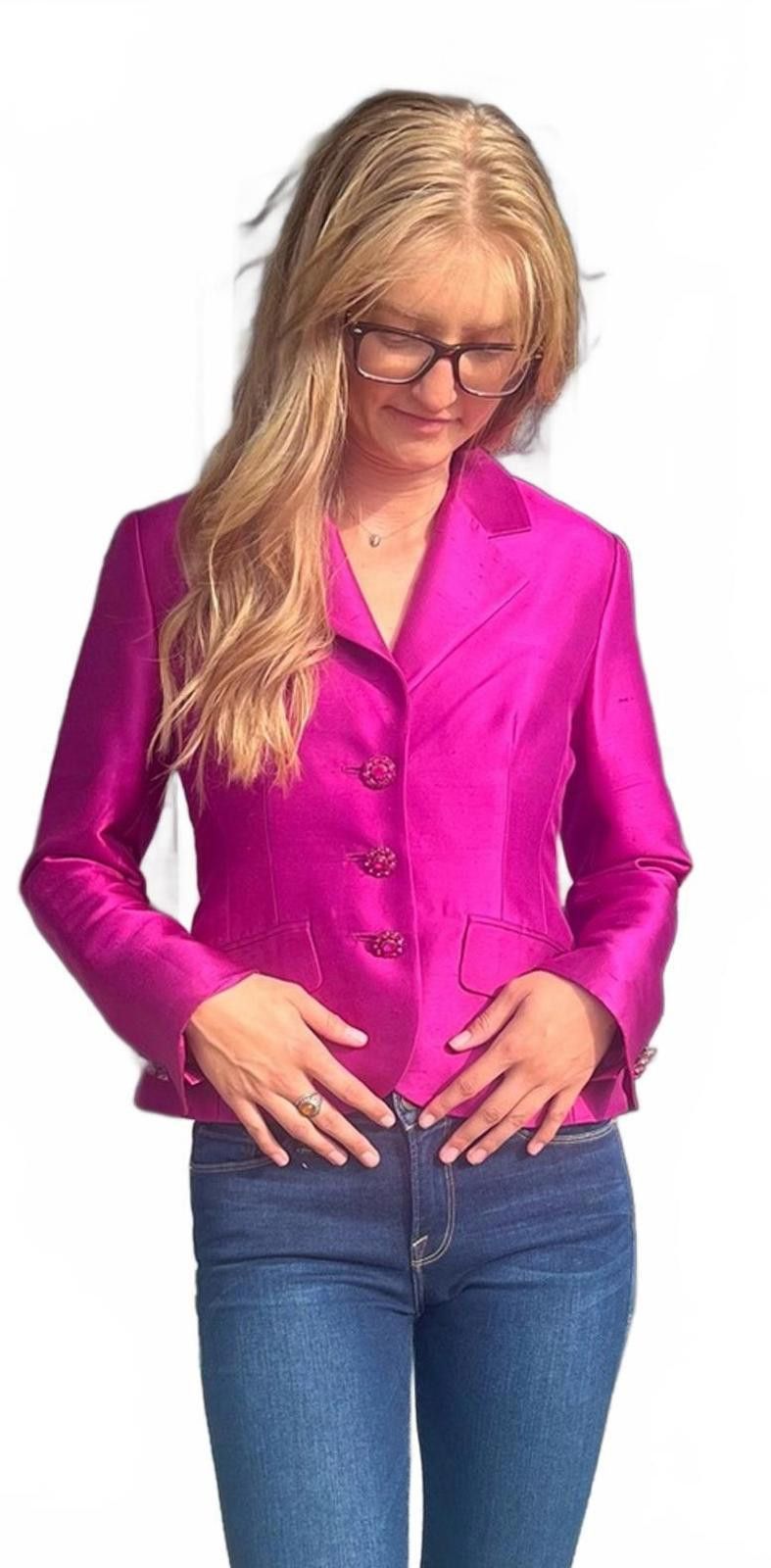 Bloomingdale's 80s Bloomingdale’s 2P Magenta Silk Blazer Rhinestone Buttons Size XS / US 0-2 / IT 36-38 - 3 Thumbnail