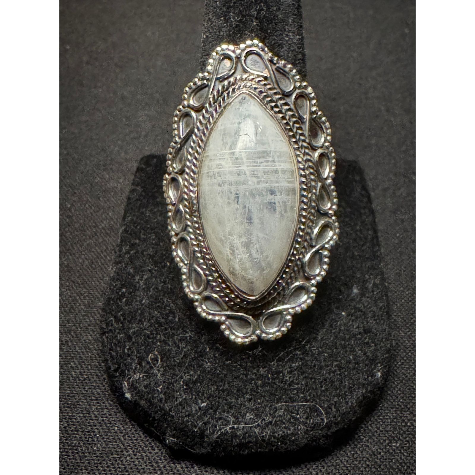 925 Silver Marquise Shaped Moonstone Ornate Band Size 7