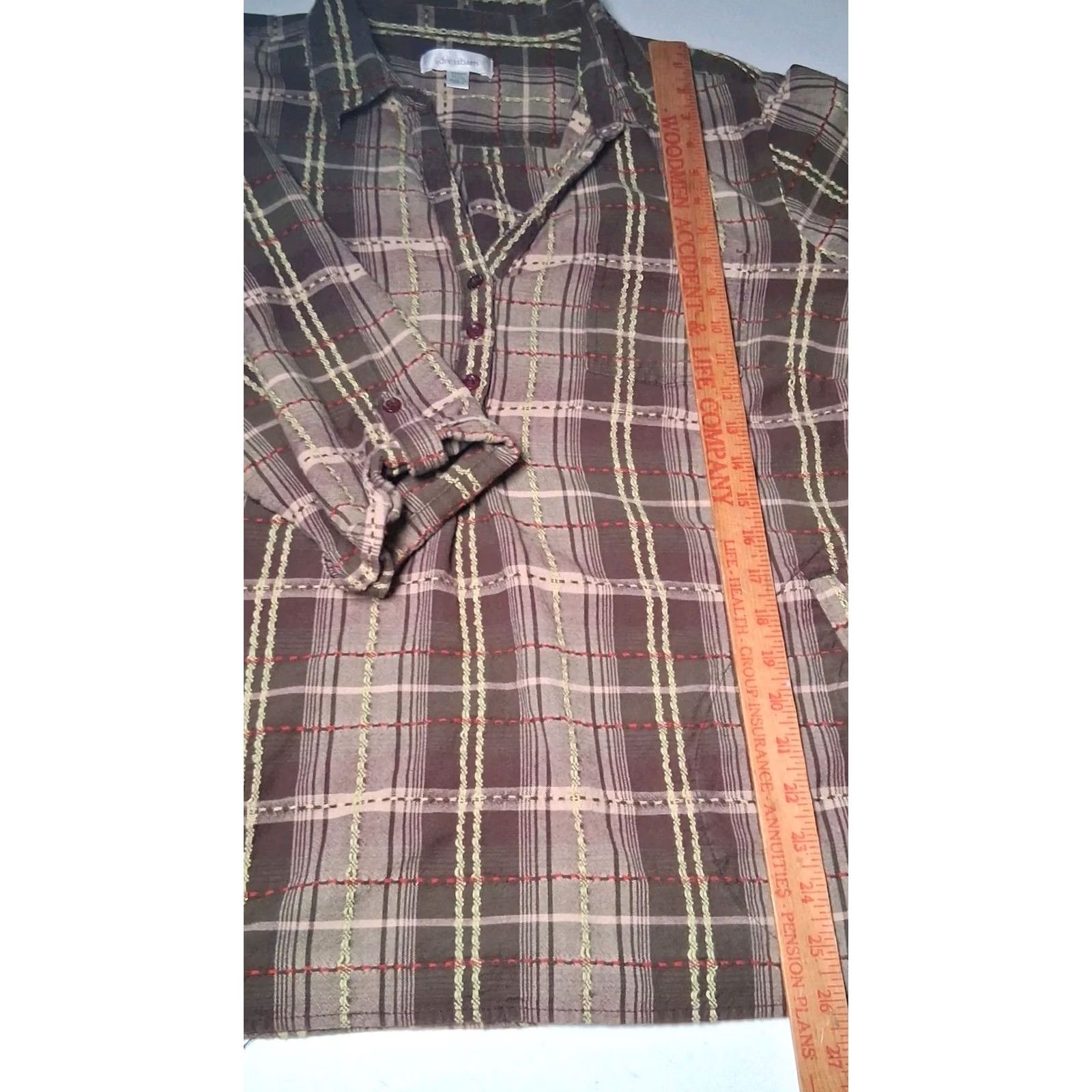 Vintage Dressbarn Blouse Women Plus Size 22/24 Green Plaid V Neck Lagenlook Popover Size 3XL / US 20-22 - 6 Thumbnail
