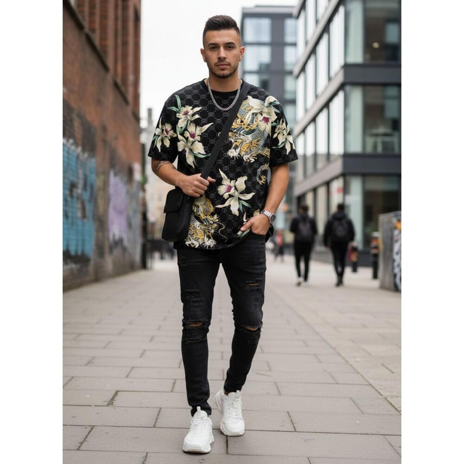 Kris Van Assche KRISP Designer T-Shirt Black with Golden Dragon & Lily Print Size US L / EU 52-54 / 3 - 1 Thumbnail
