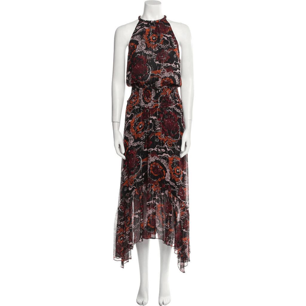 A.L.C. Silk Floral Halter Midi Dress Black Orange Glitter Detail Women's  Size XS