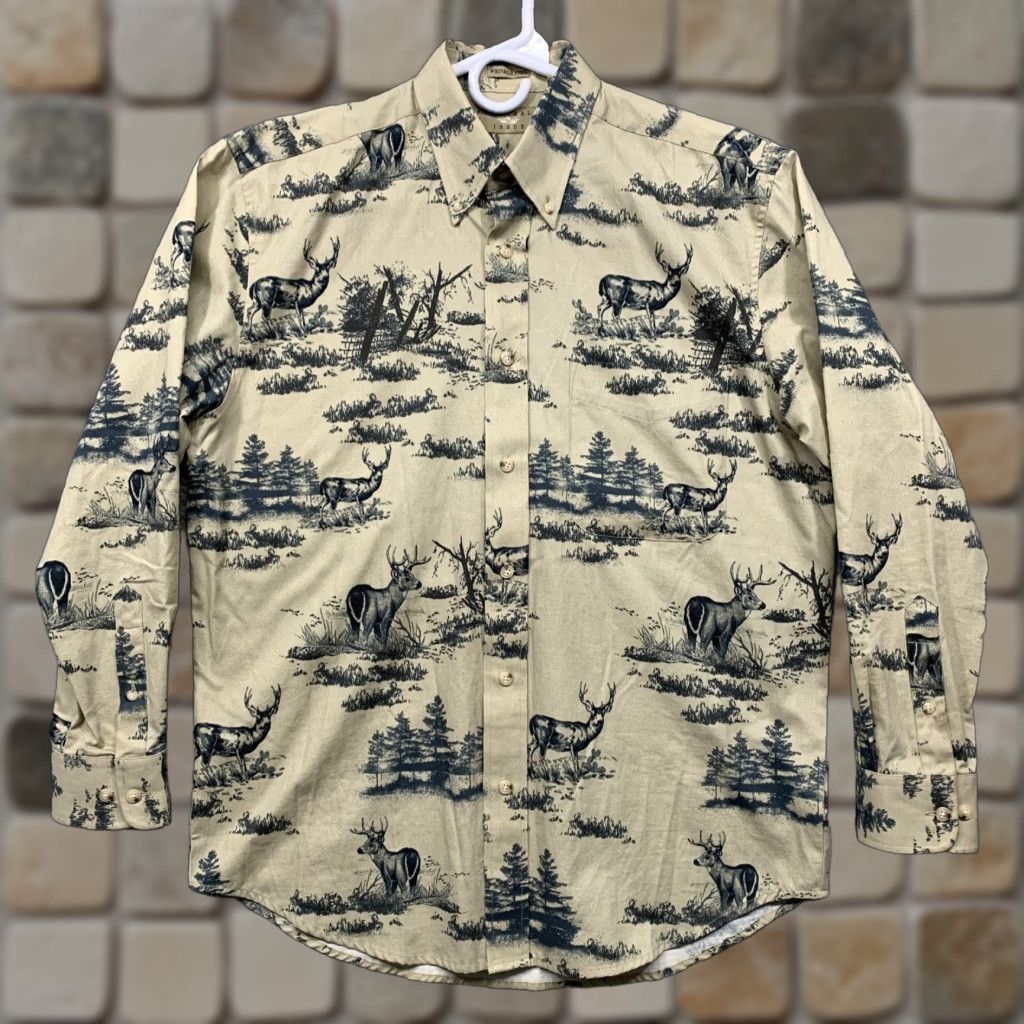 Vintage Natural Issue Mens Shirt S Wrinkle Free Tan Dark Green Black Bucks 1 Pocket Soft Size US S / EU 44-46 / 1 - 1 Thumbnail