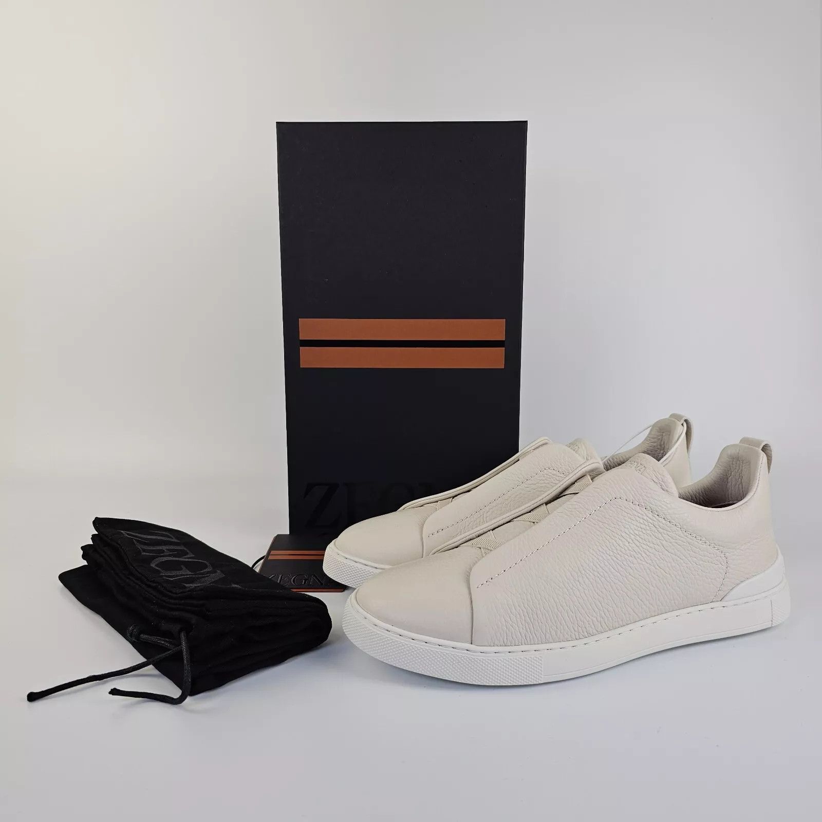 Zegna Triple Stitch White Leather Low Top Sneakers New