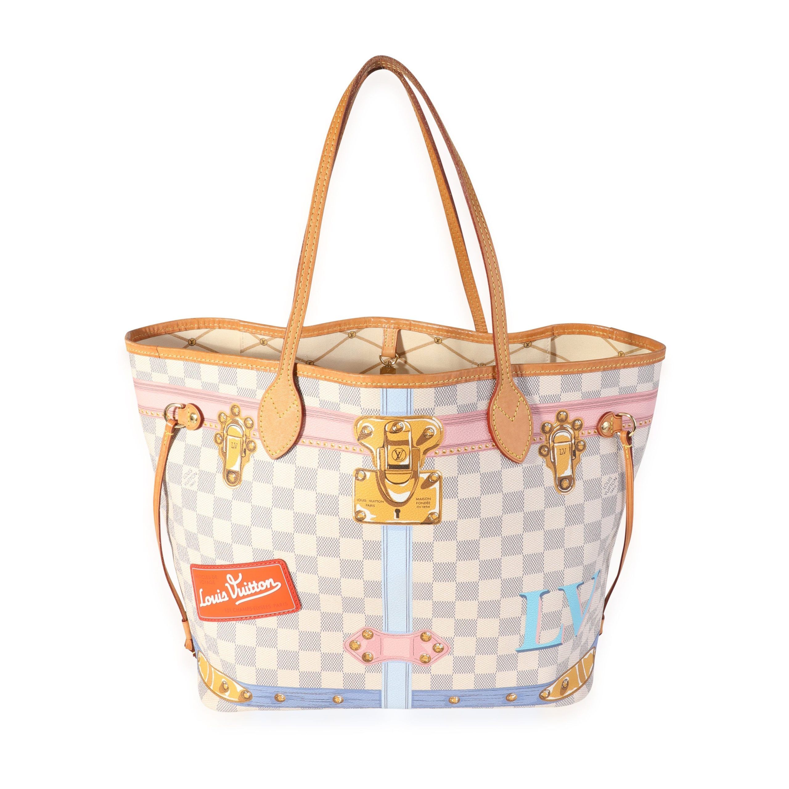image of Louis Vuitton Damier Azur Summer Trunks Neverfull Mm in White, Women's