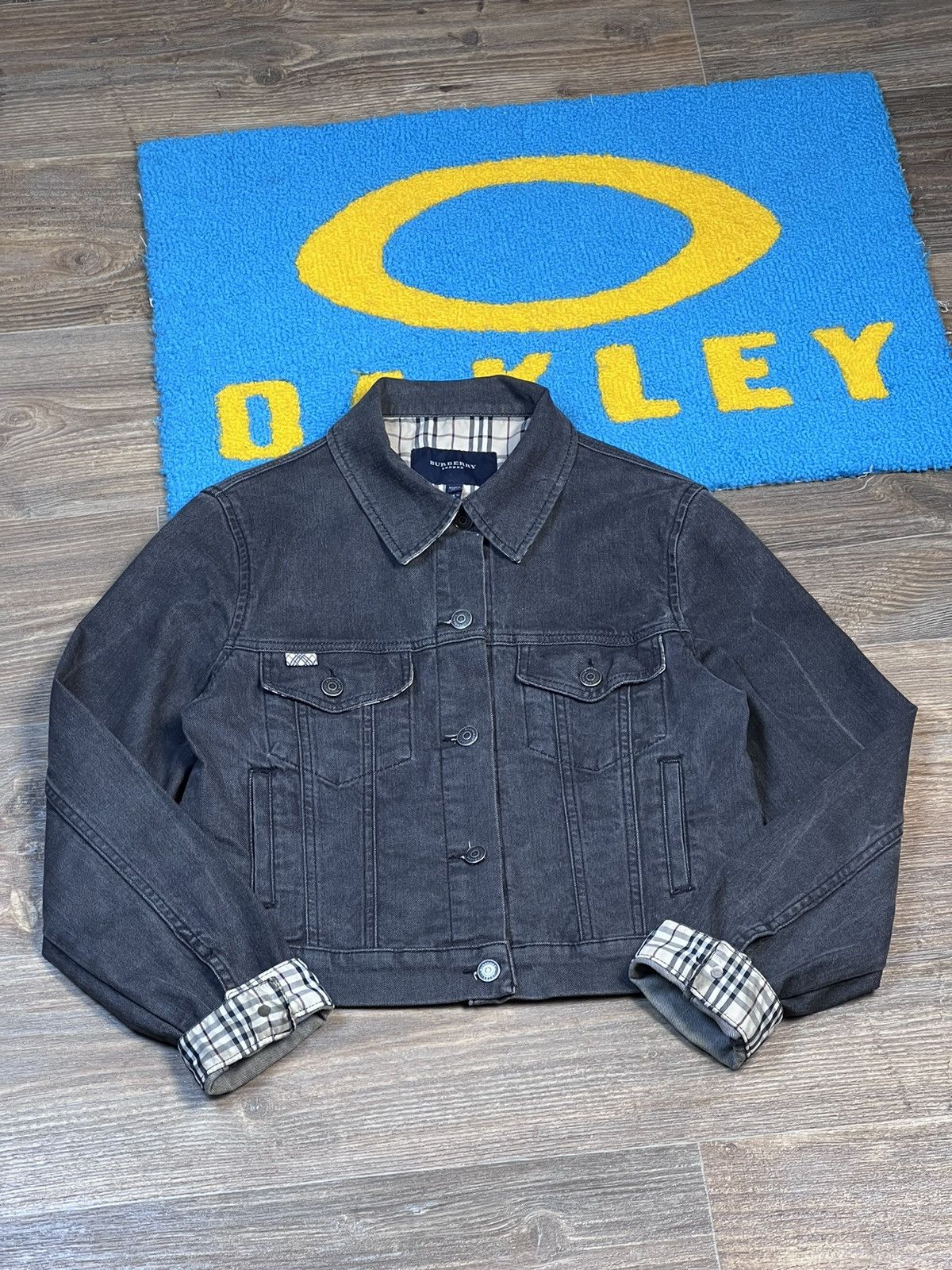 image of Burberry London Checked Grey Denim Jacket, Women's (Size Large)