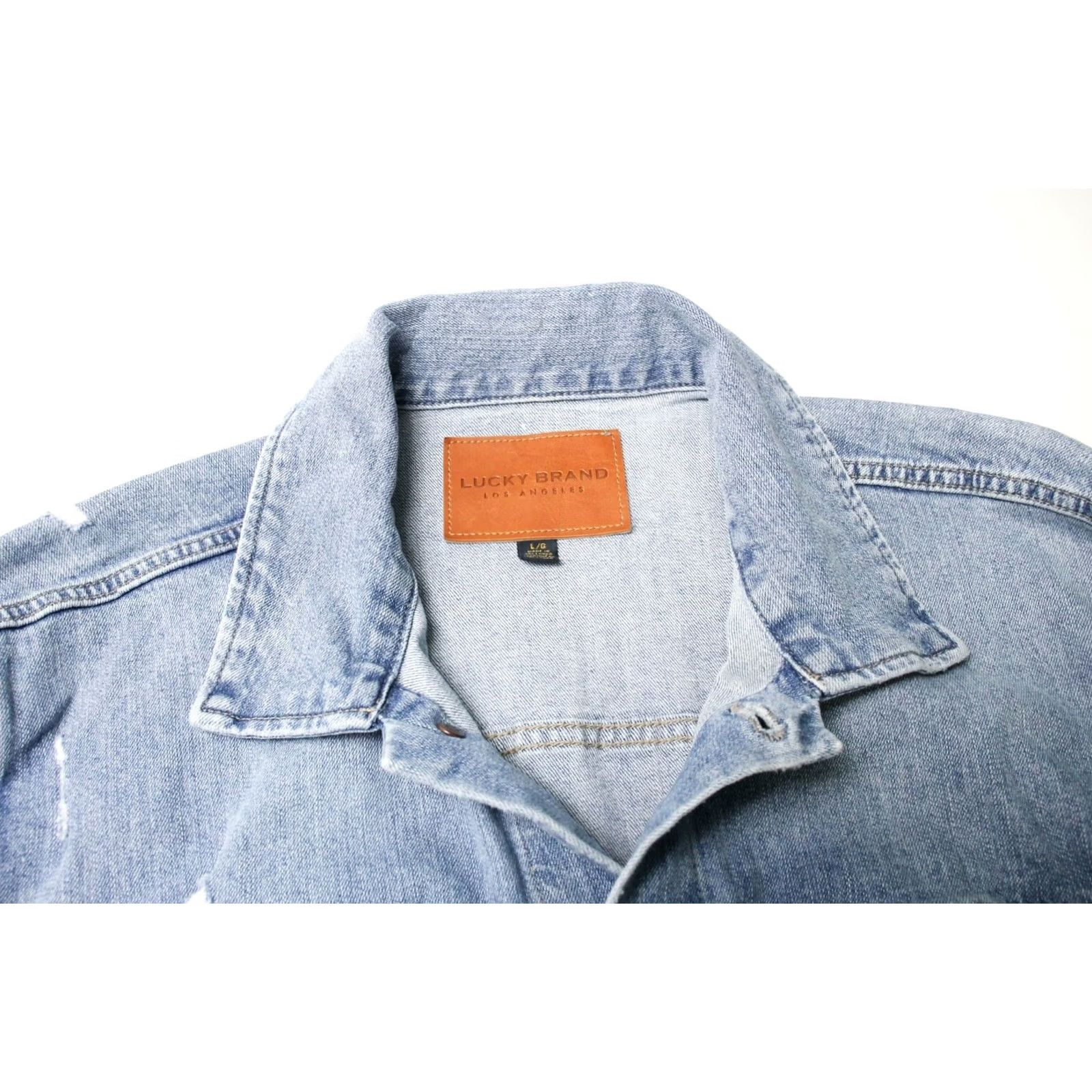 Lucky Brand LUCKY BRAND Jacket Denim Trucker Distress Button Up Polo Neck Men's LARGE Blue Jacket Size US L / EU 52-54 / 3 - 4 Thumbnail