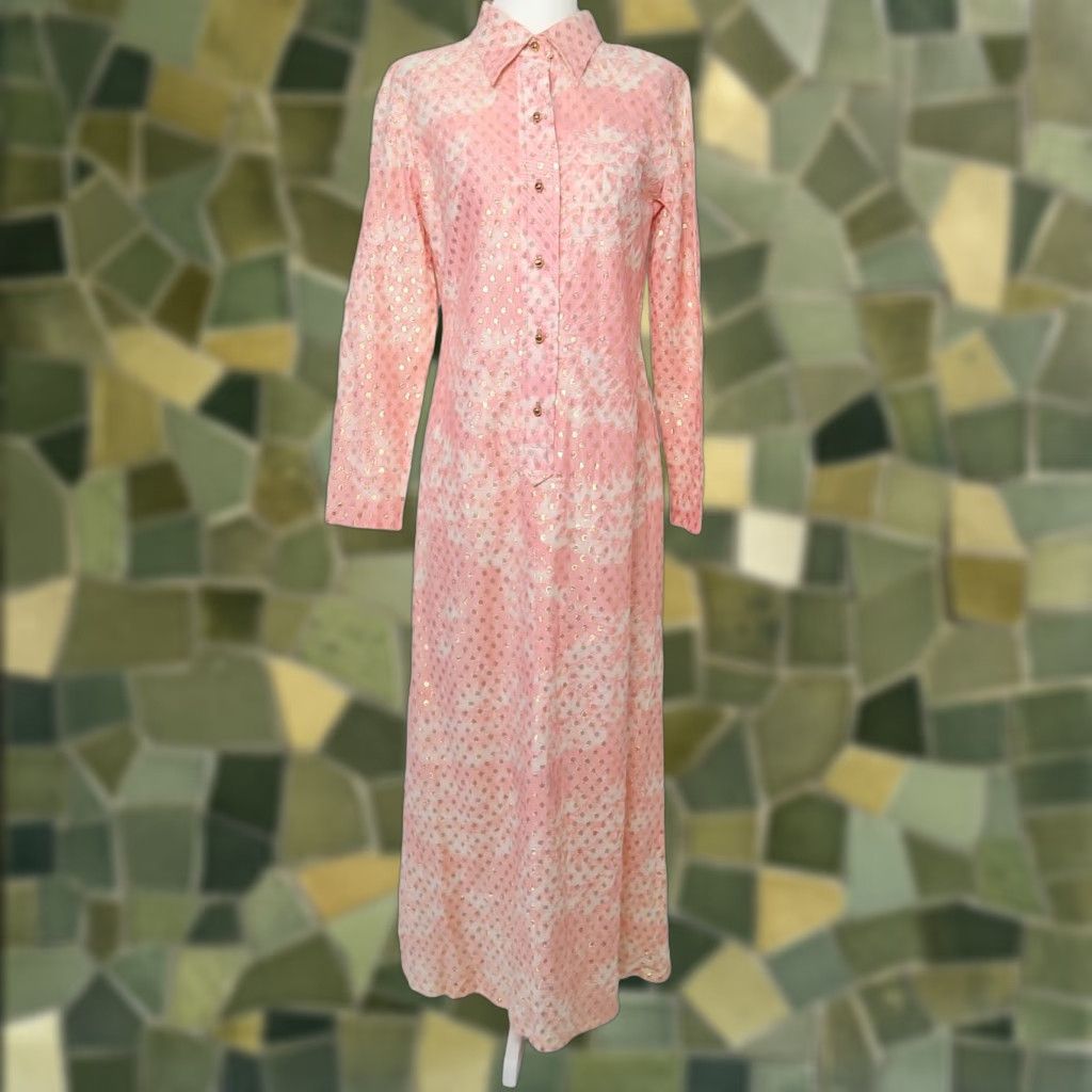 VINTAGE 70s SHIRT DRESS Maxi Peach Pink Cream Floral Gold Metallic Bohemian S Women or Mens?