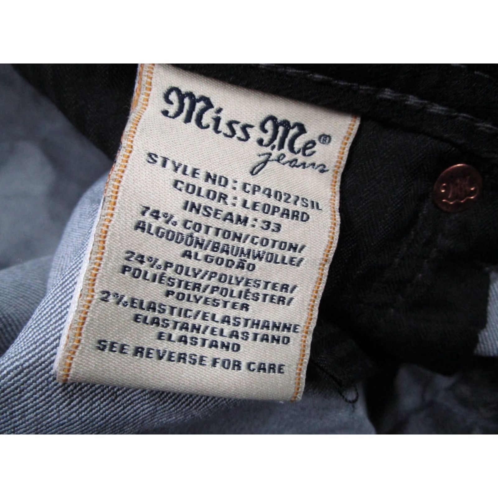 Miss Me MISS ME Jeans Women 29 Gray Leopard Signature Rise Skinny Denim 5-Pocket Low Rise Bedazzled Flap 29x33 Mens Womens Girls Boys? Size 29" - 5 Thumbnail