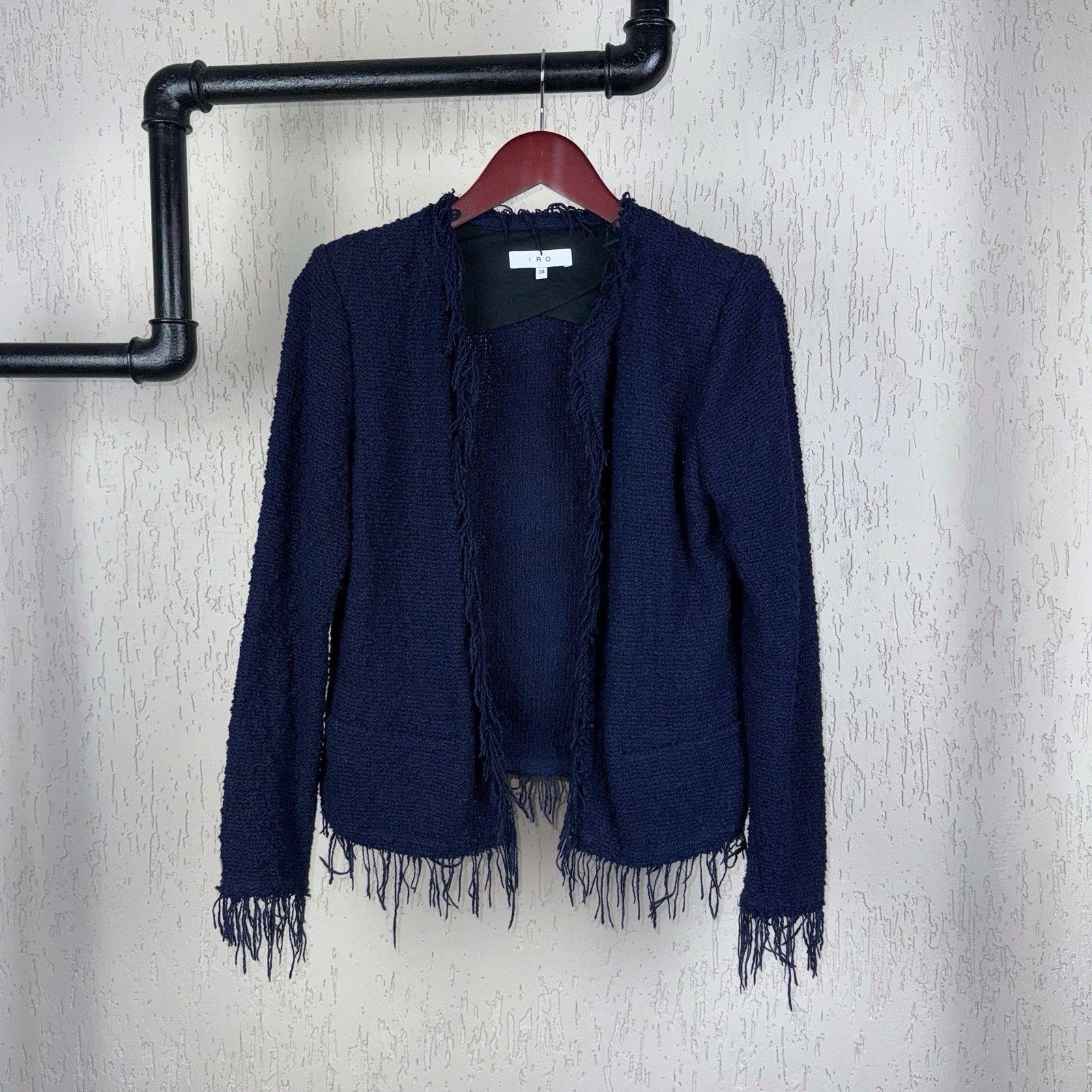 Designer × Iro IRO Paris Shavani Blue Knit Fringe Trim Open Front Blazer Size S / US 4 / IT 40 - 1 Thumbnail