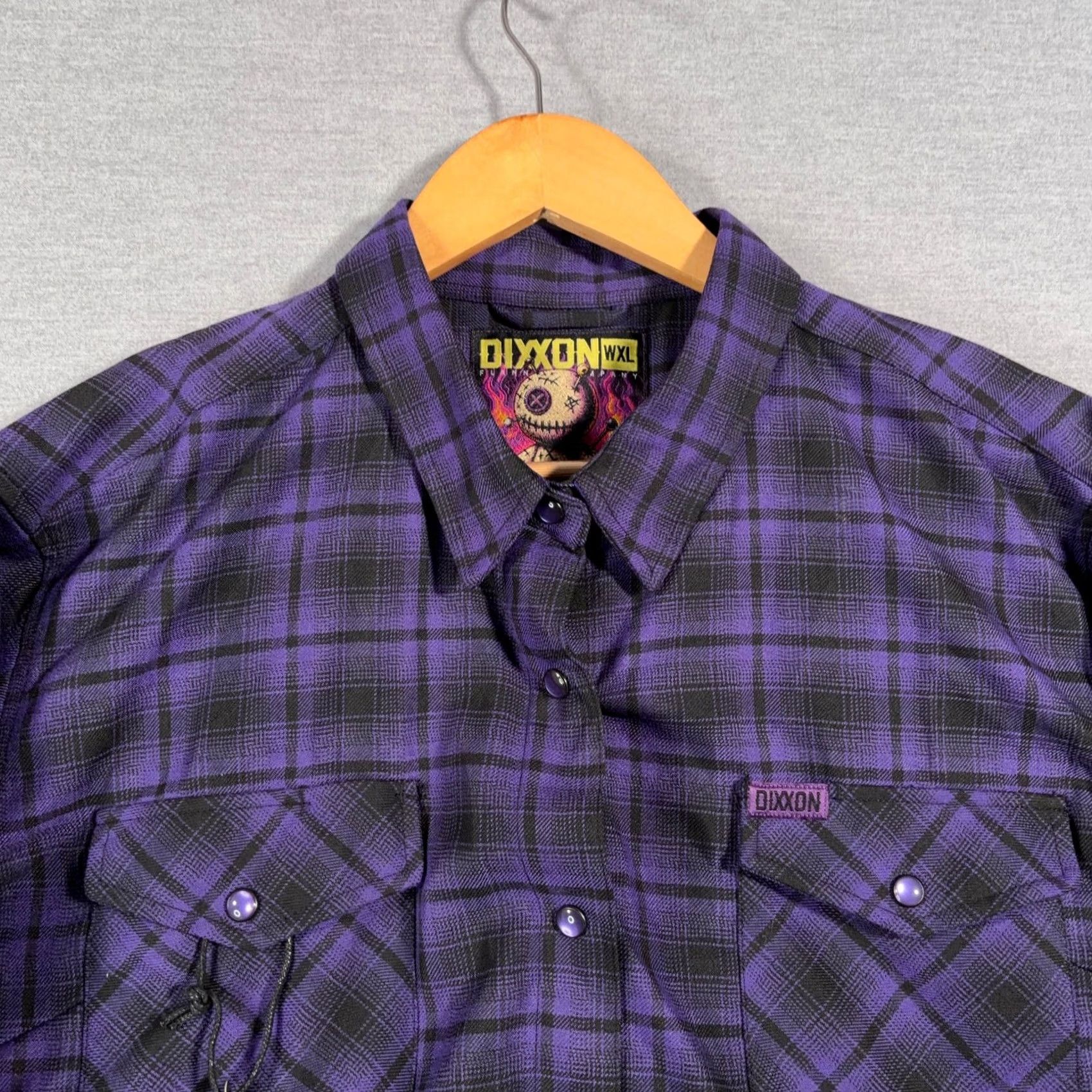 Dixxon Flannel Shirt Womens 1XL Purple Black Plaid Button Snap Voodoo Nwot, Women's — image 2 of 6