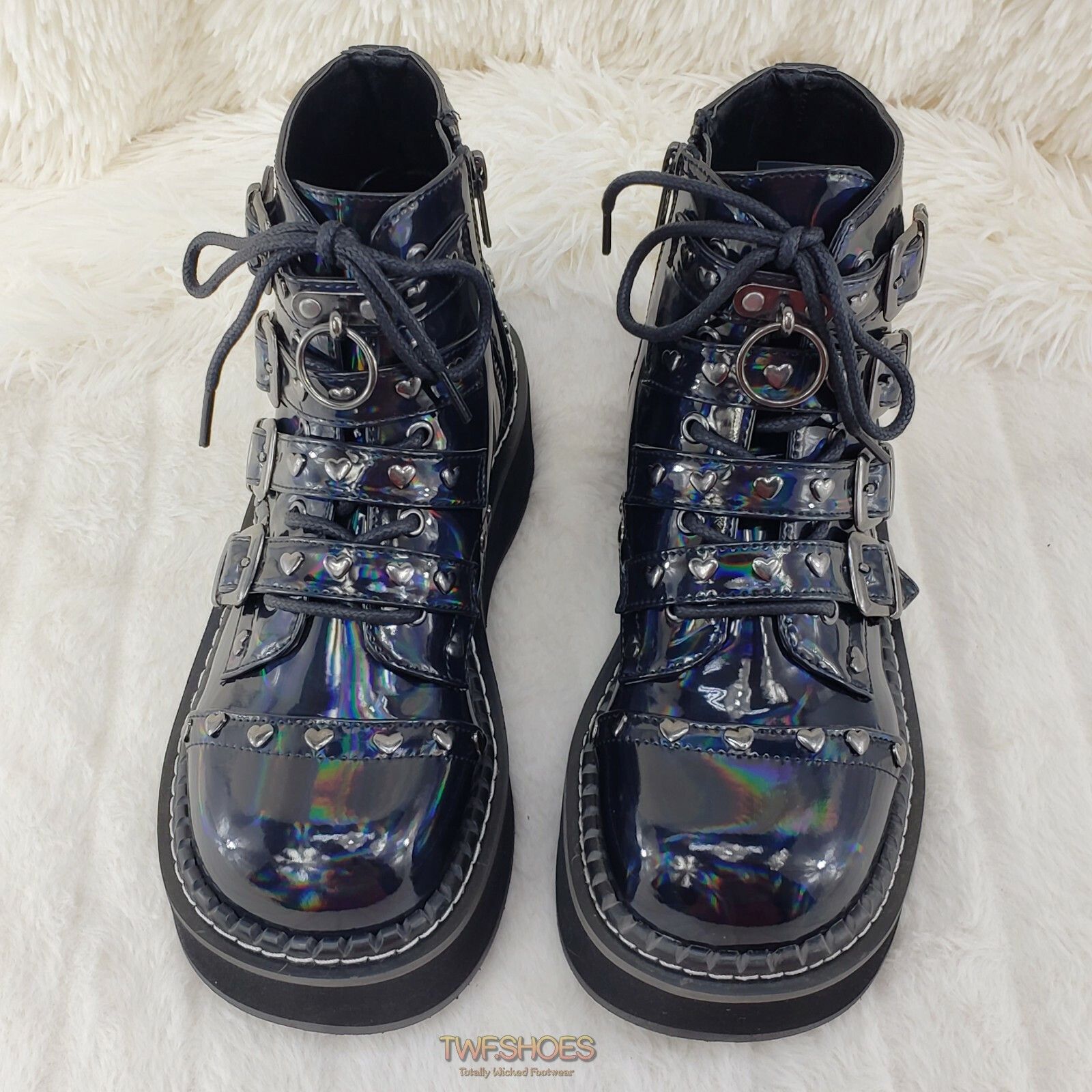 Demonia Cult DEMONIA Emily 315 Black Holo Patent Heart Stud Platform Ankl Size US 7 / IT 37 - 2 Thumbnail