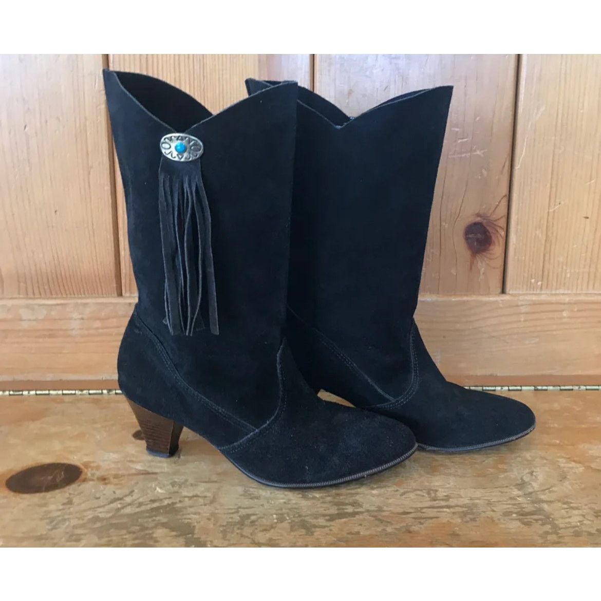 Other Pinwheels Western Black Suede BootsTurquoise Fringe Size 8.5 Size US 8.5 / IT 38.5 - 1 Thumbnail