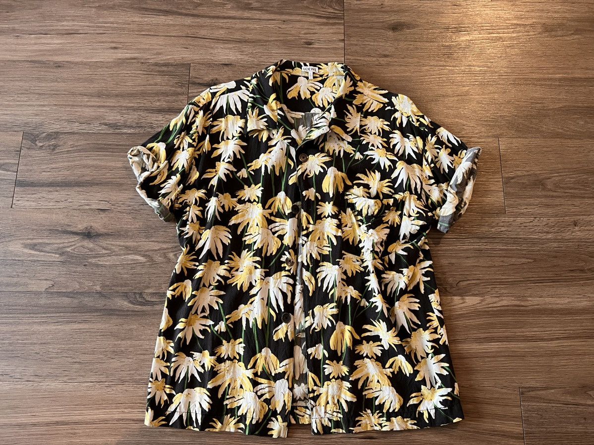 image of Loewe Yellow Flower Short Sleeve Button Up in Black Yellow, Men's (Size XS)