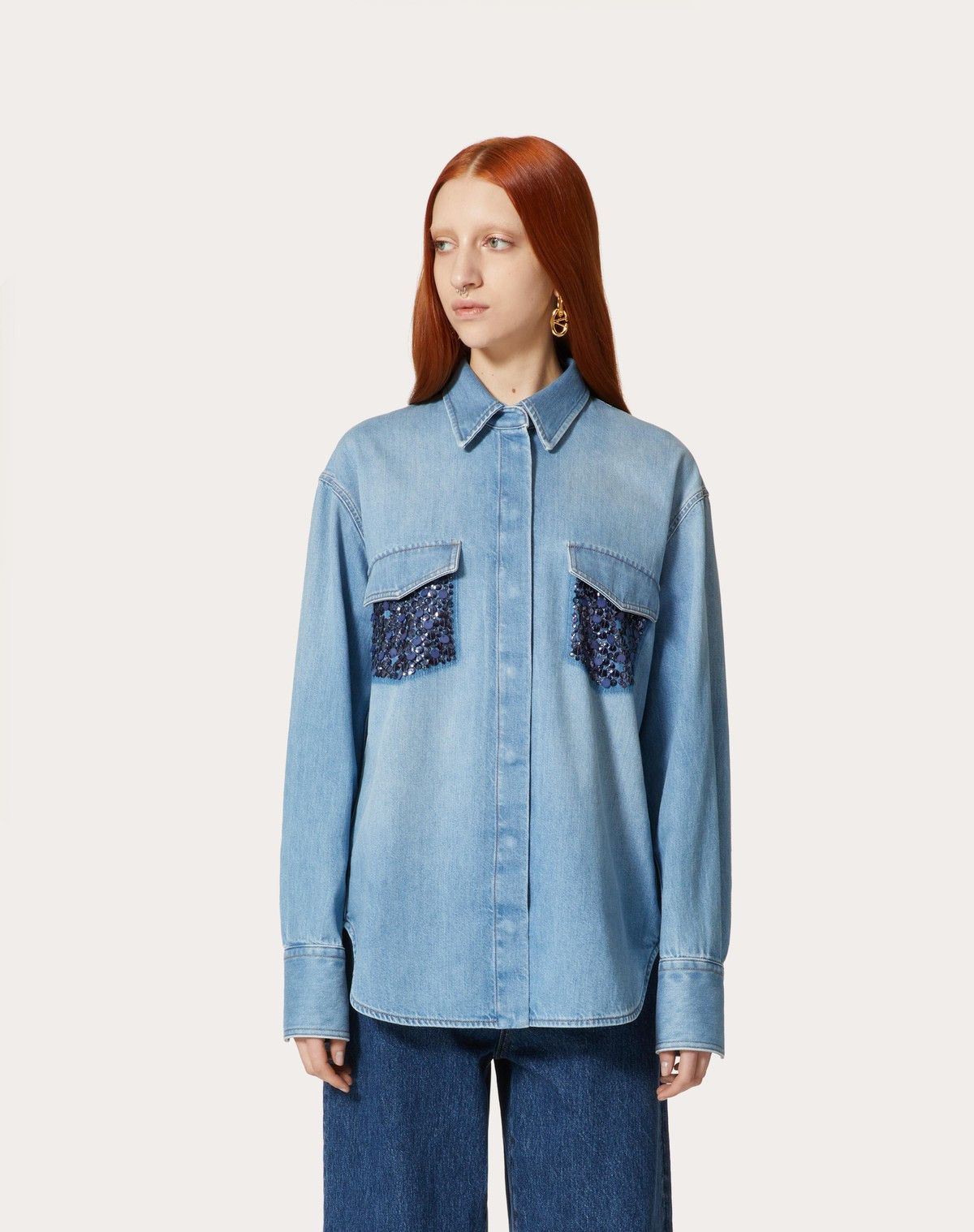 Valentino o1s1wg110525 Embroidered Denim Shirt in Blue Size XL / US 12-14 / IT 48-50 - 4 Thumbnail
