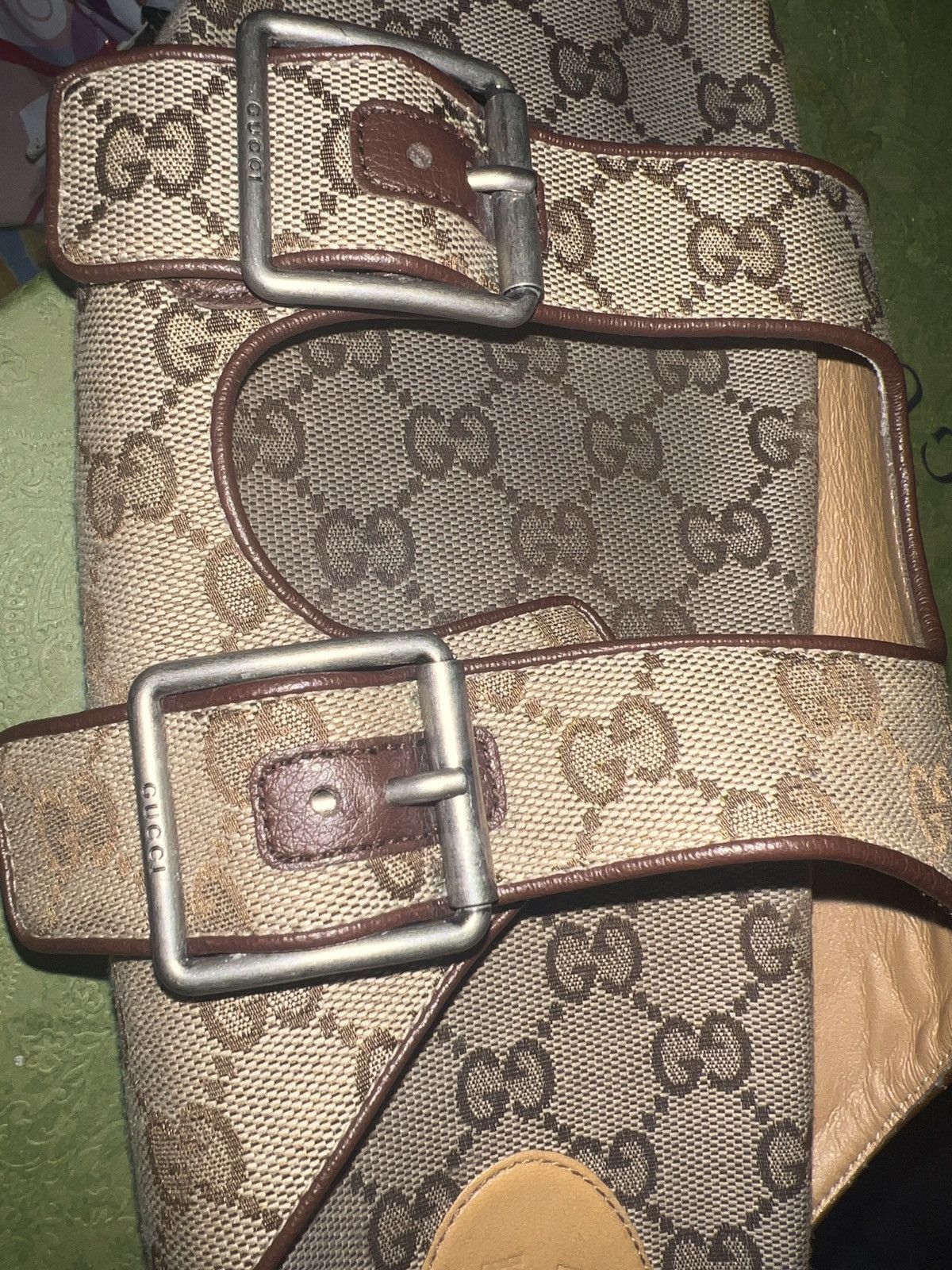 Sz 14 100 % AUTHENTIC Gucci Slide Sandal Strap Beige Monogra
