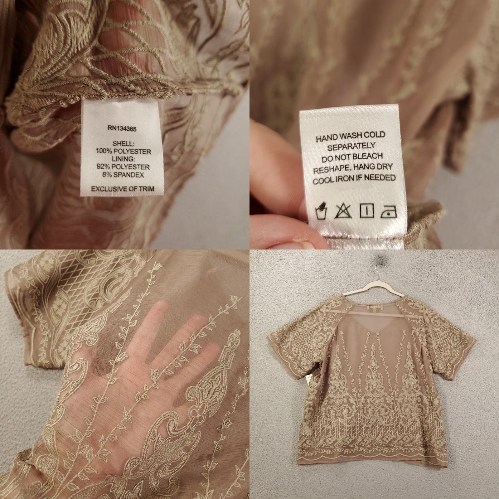 Vintage Sigrid Olsen Blouse Shirt Womens L Brown Tan Embroidered Sheer V-Neck Short Sleeve NWT W/ Tags Size L / US 10 / IT 46 - 8 Thumbnail