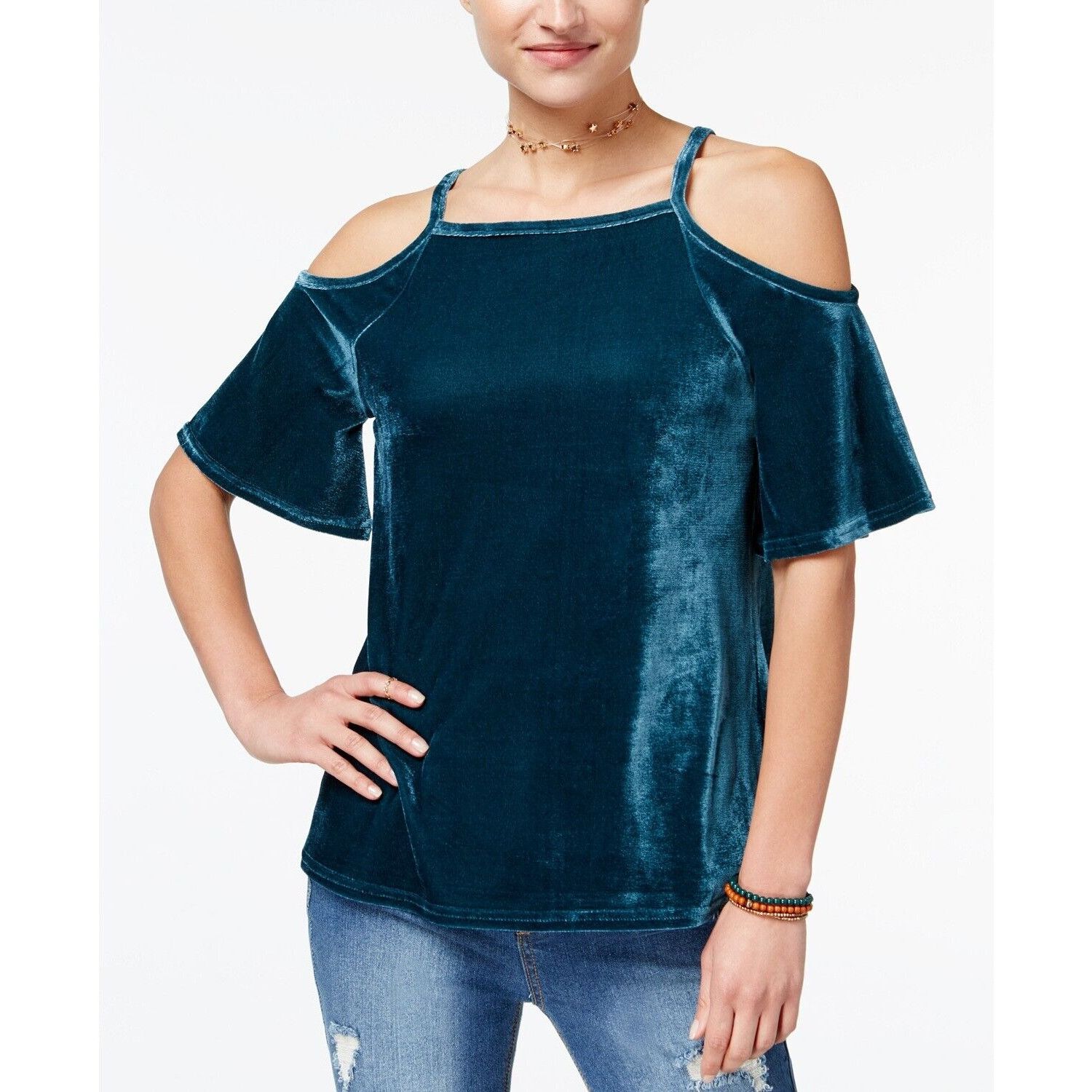 Other Ultra Flirt Juniors' Velvet Cold-Shoulder Top, Deep Teal, Size M / US 6-8 / IT 42-44 - 1 Thumbnail