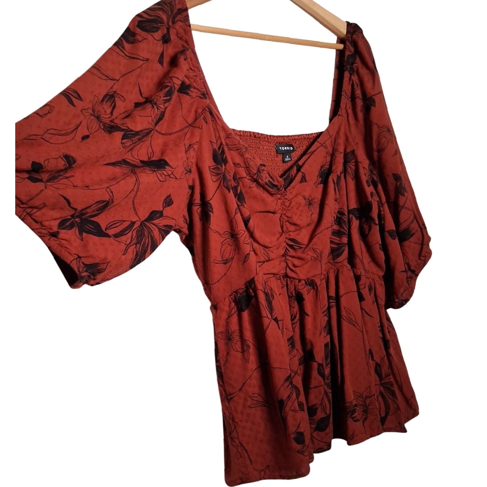 Torrid Torrid Blouse 4X Plus Size Flutter Sleeve V-Neck Smocked Floral Rust Orange Boho Hippie Peasant Milkmaid Woven Shirt Women Regular Size XXL / US 16-18 / IT 52-54 - 3 Thumbnail