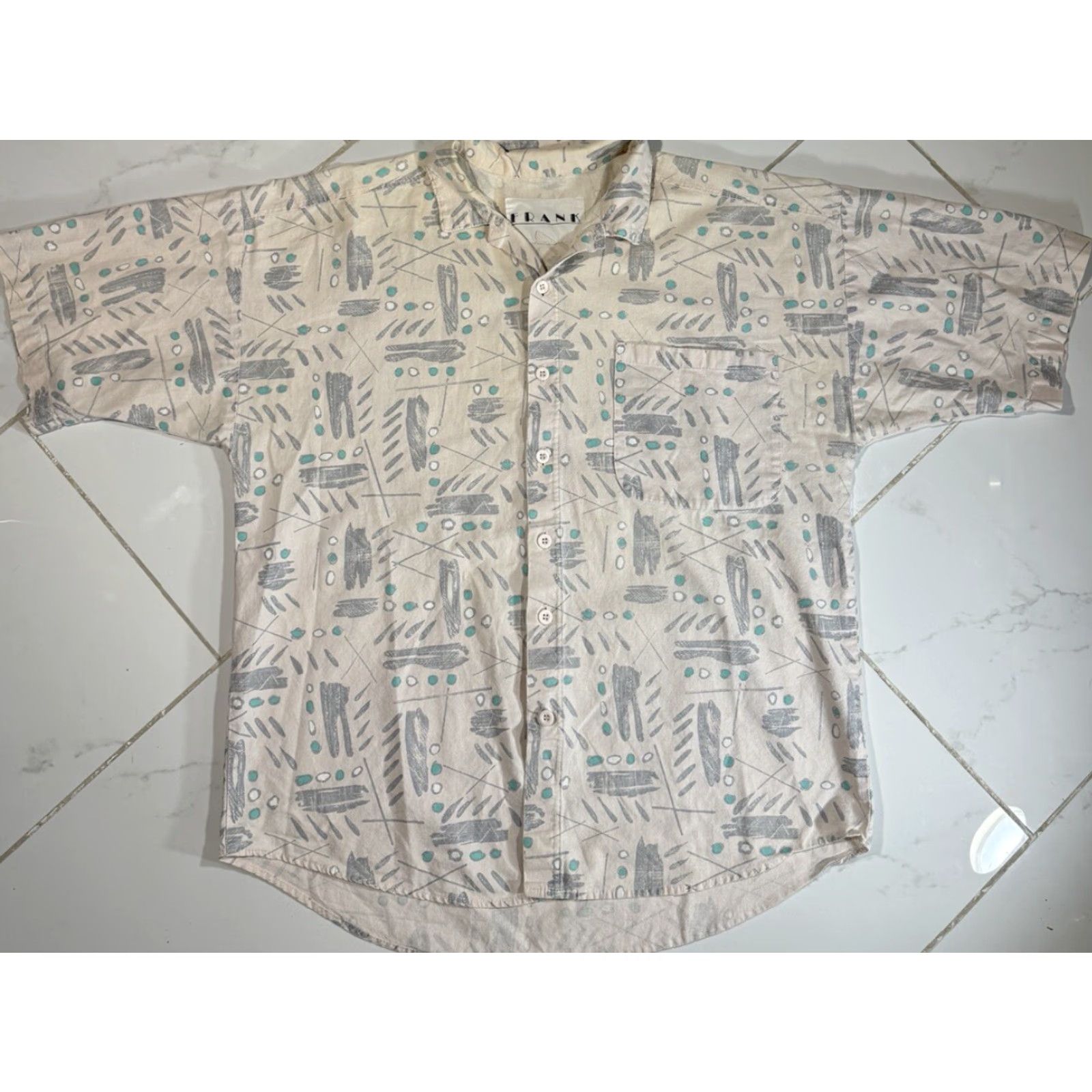 Vintage VINTAGE Geometric White Grey Teal Button-Up Shirt M Frank Regular Unisex Adults Short Sleeve White M 1980s Button-Up Shirt Size US M / EU 48-50 / 2 - 2 Thumbnail