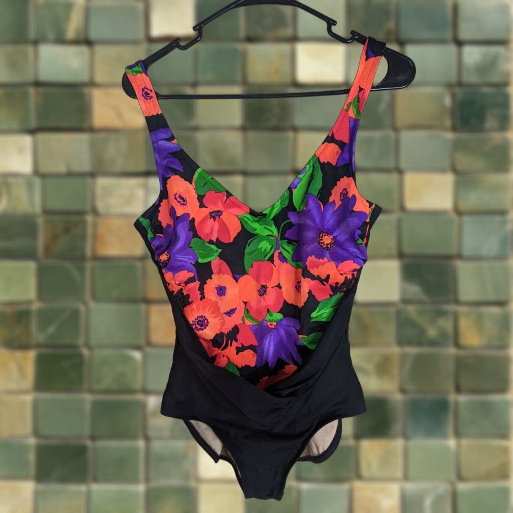 Vintage VINTAGE 90s One Piece Swimsuit Size 14 Large Black Floral S2W Neon High Leg Nike? Size ONE SIZE - 1 Thumbnail