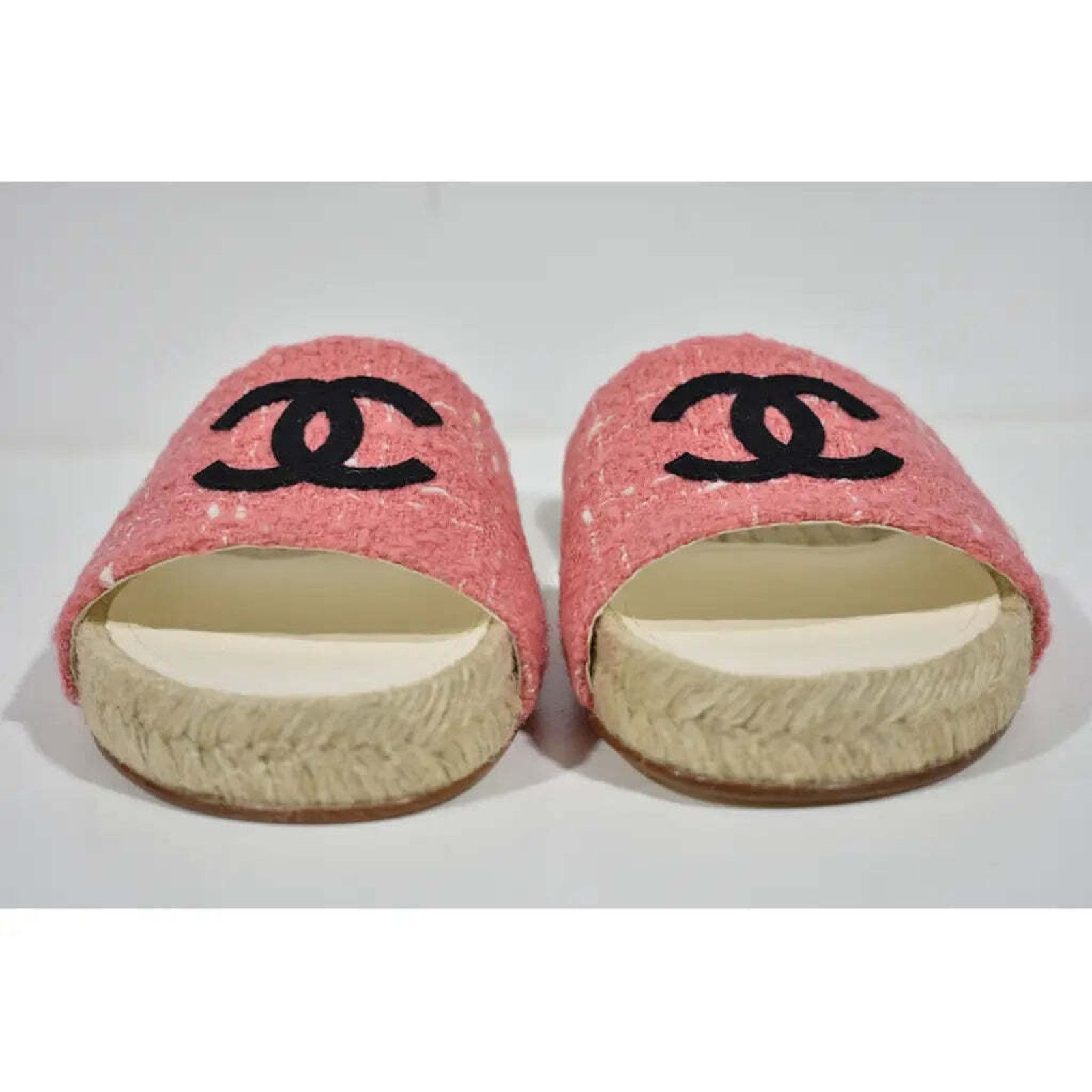 Chanel Chanel 20A Pink Tweed Black CC Logo Espadrille Slide Size US 7 / IT 37 - 6 Thumbnail