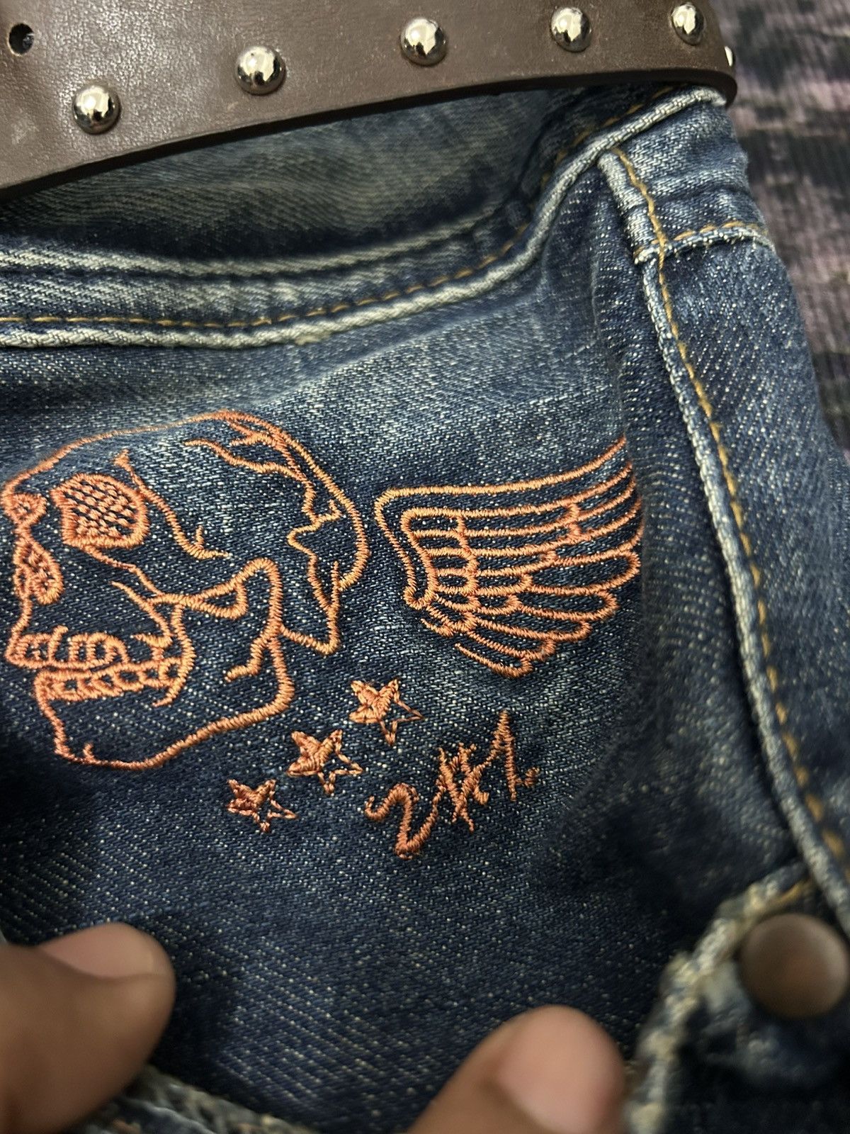 Japanese Brand 2#1 Jeans Jesus Loves You Skull Mud Wash Jeans Size US 30 / EU 46 - 10 Thumbnail