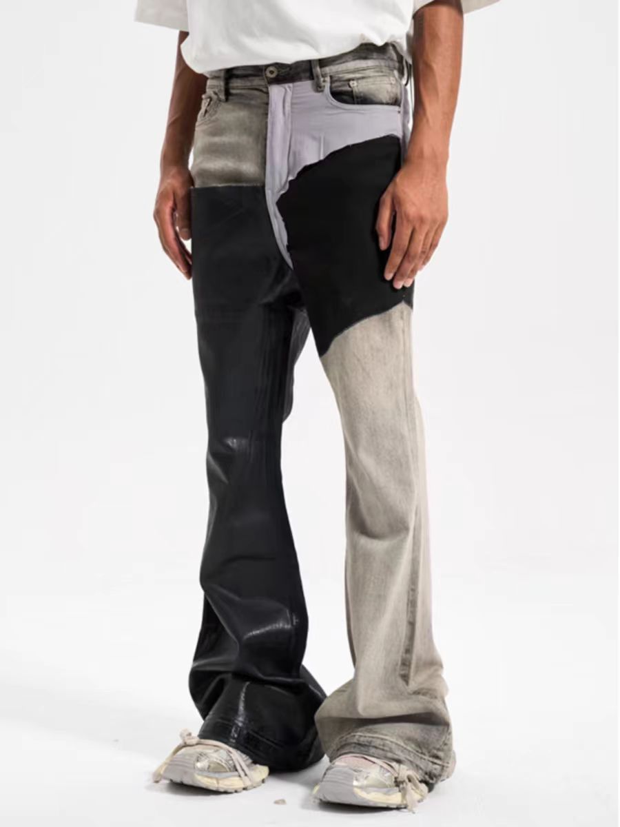 High street patchwork contrast coated waxed bootcut jeans
