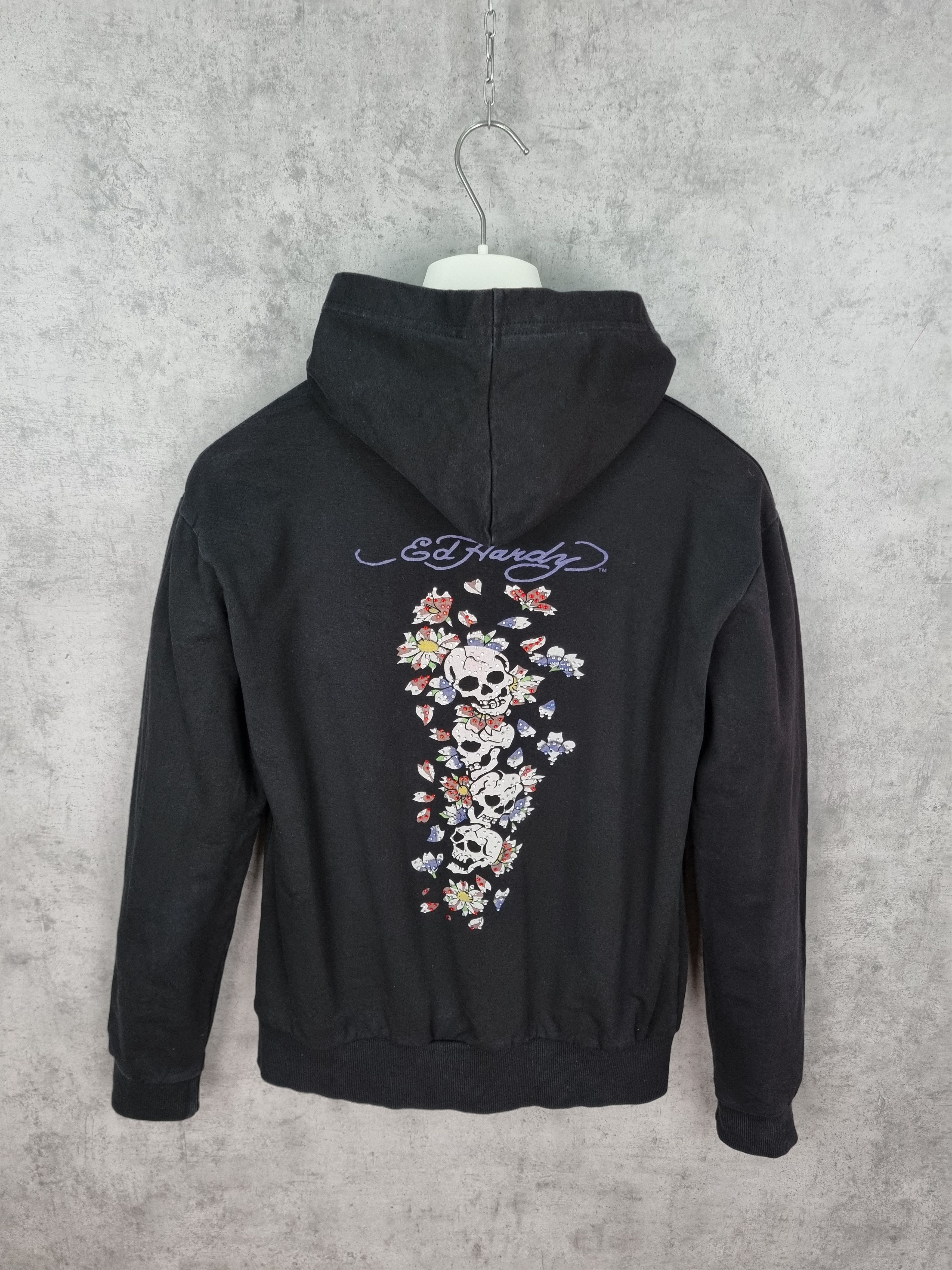Ed Hardy Skull Flowers Tattoo Art Faded Zip Up Hoodie