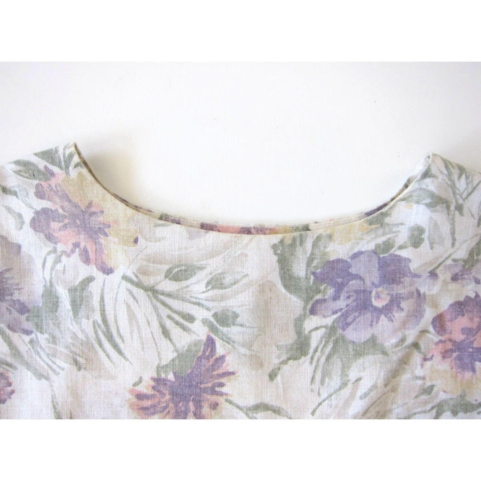 FLAX VINTAGE Ann Hill Flax Ivory Purple Green Floral Boxy Lagenlook Tunic Blouse PL Size L / US 10 / IT 46 - 3 Thumbnail