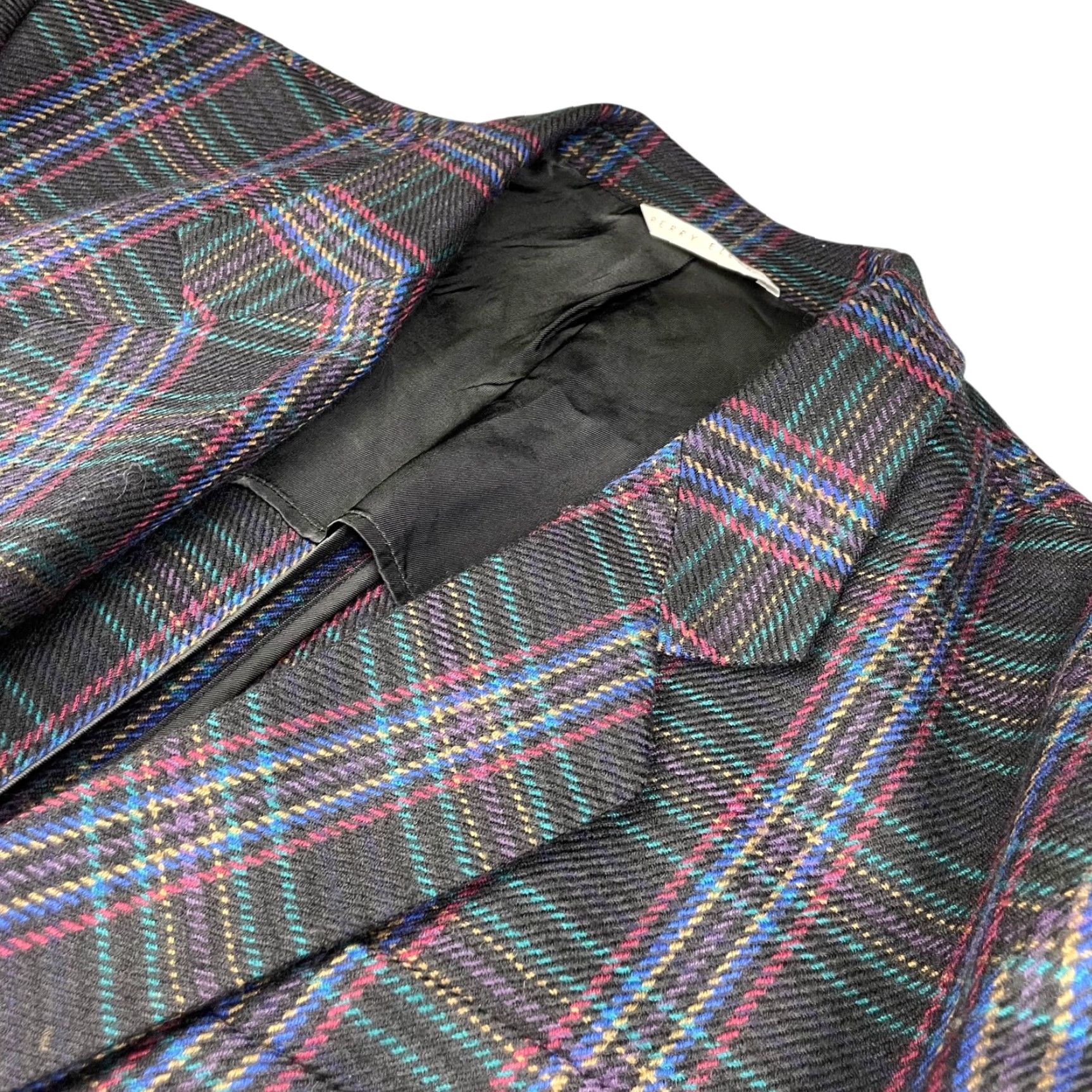 Perry Ellis VTG Perry Ellis Men's 100% Wool Knit Blazer Black Colorful Plaid 44R One-Button Notch Lapel Jacket/Coat Size 44R - 2 Thumbnail