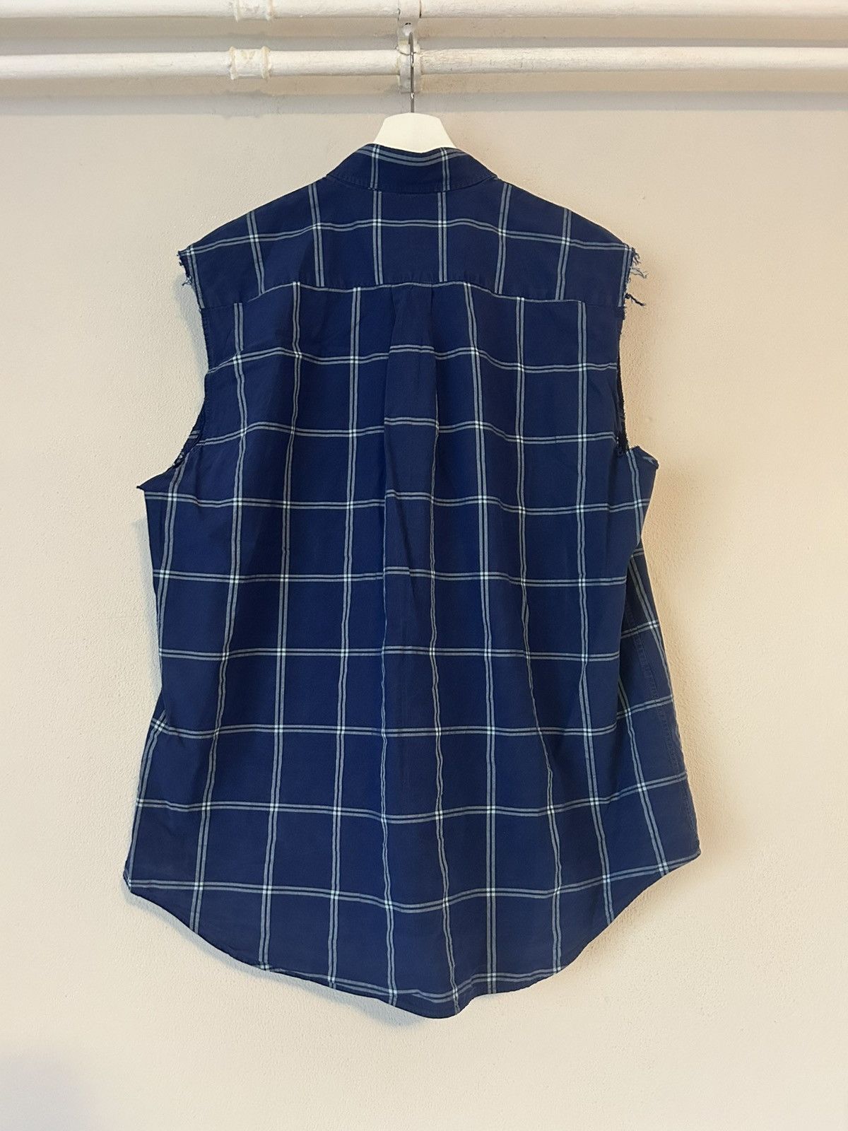 Balenciaga Sleeveless Blue Plaid Shirt with Raw Edges Size US M / EU 48-50 / 2 - 6 Thumbnail
