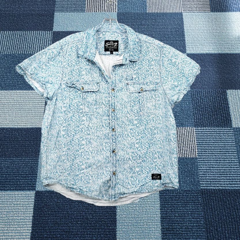 Vintage Seven7 Button Up Shirt Mens L Blue Paisley Short Sleeves Cotton Size US L / EU 52-54 / 3 - 1 Thumbnail