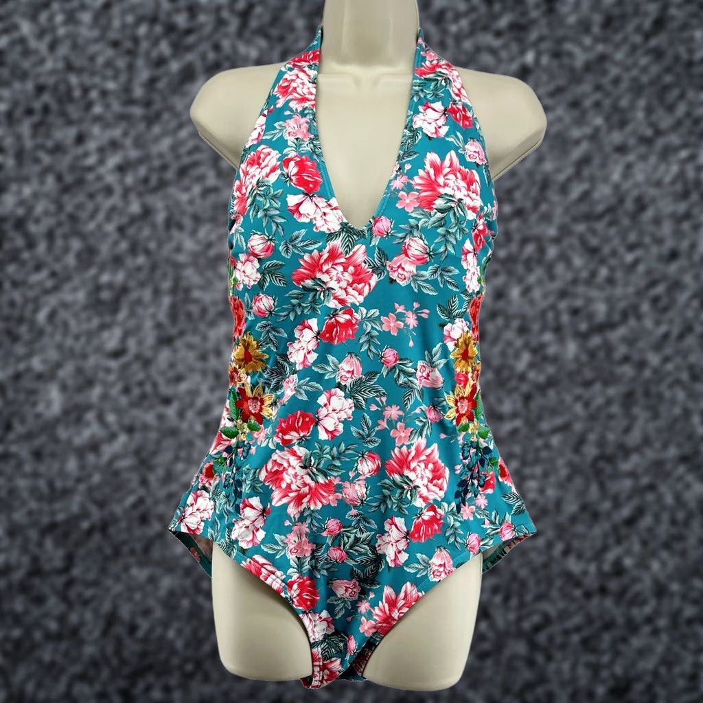 Johnny Was Johnny Was Floral Halter One Piece Swimsuit Embroidered Boho Size 1X Multicolor Blue Pink Built-In Bra Lined Stretch Runs Small Womens Size ONE SIZE - 1 Thumbnail
