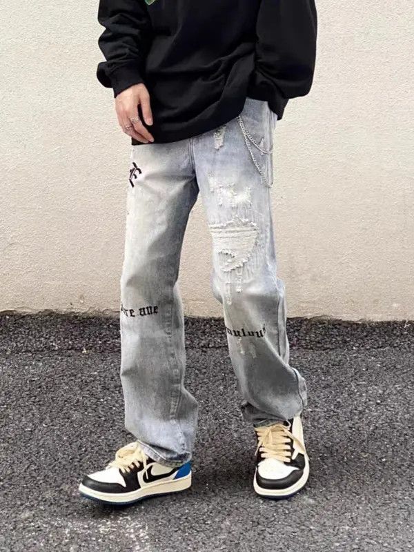 Japanese Brand Vintage washed embroidered ripped straight-leg jeans Size US 31 - 7 Thumbnail