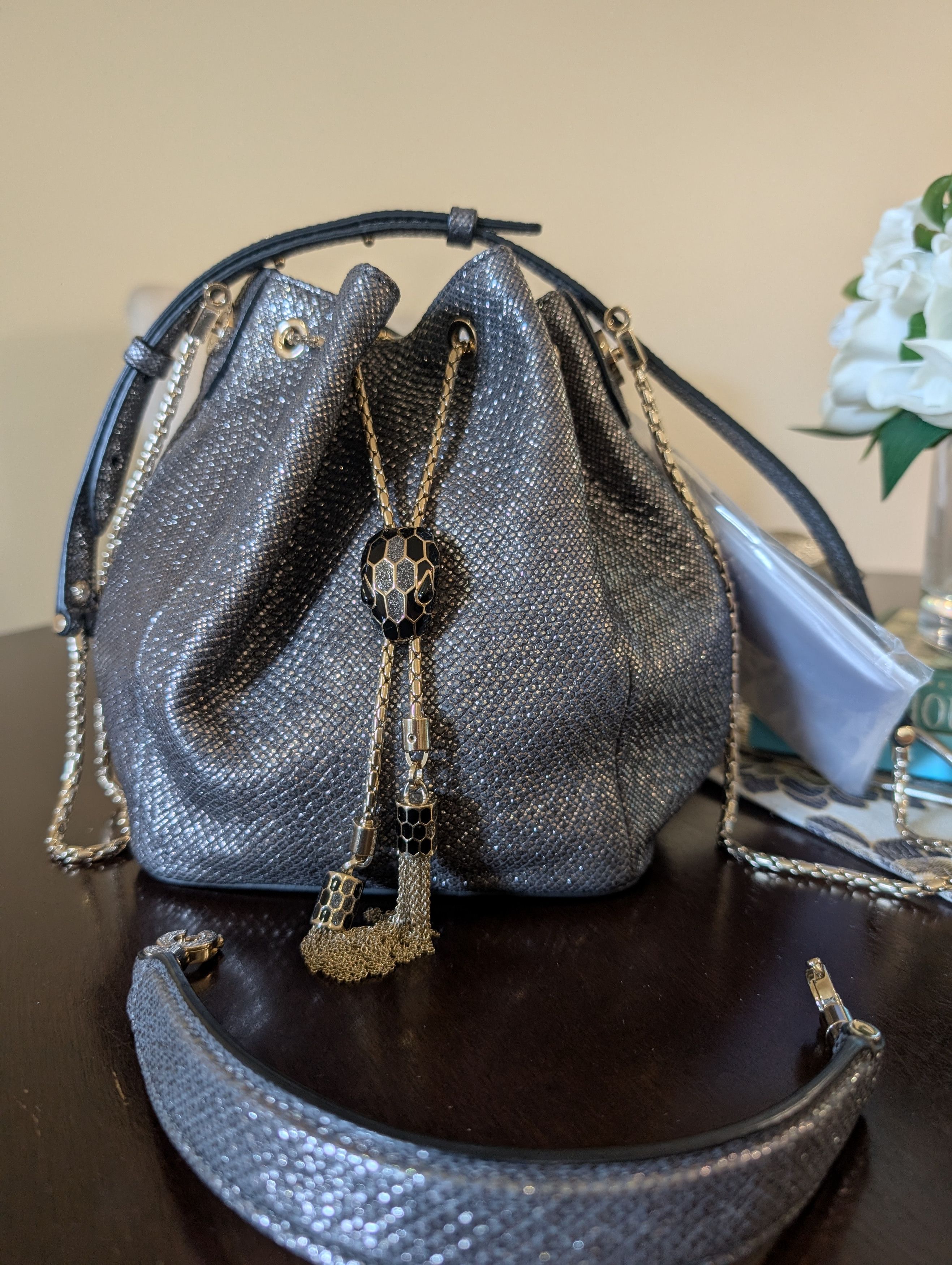 Bvlgari Bvlgari Silver Bucket Drawstring Bag Gold Chain Strap Tassel Size ONE SIZE - 13 Thumbnail