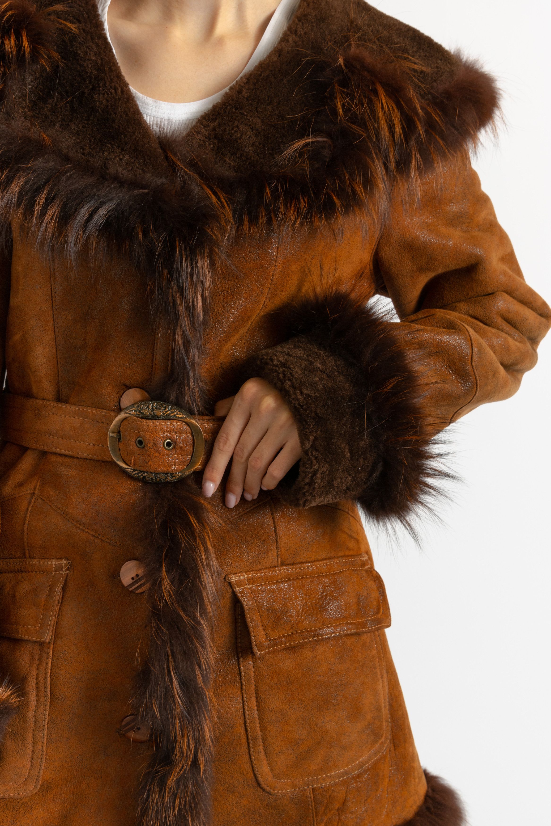 Vintage Suede Sheepskin Leather Shearling Coat 8703 Size M / US 6-8 / IT 42-44 - 8 Thumbnail