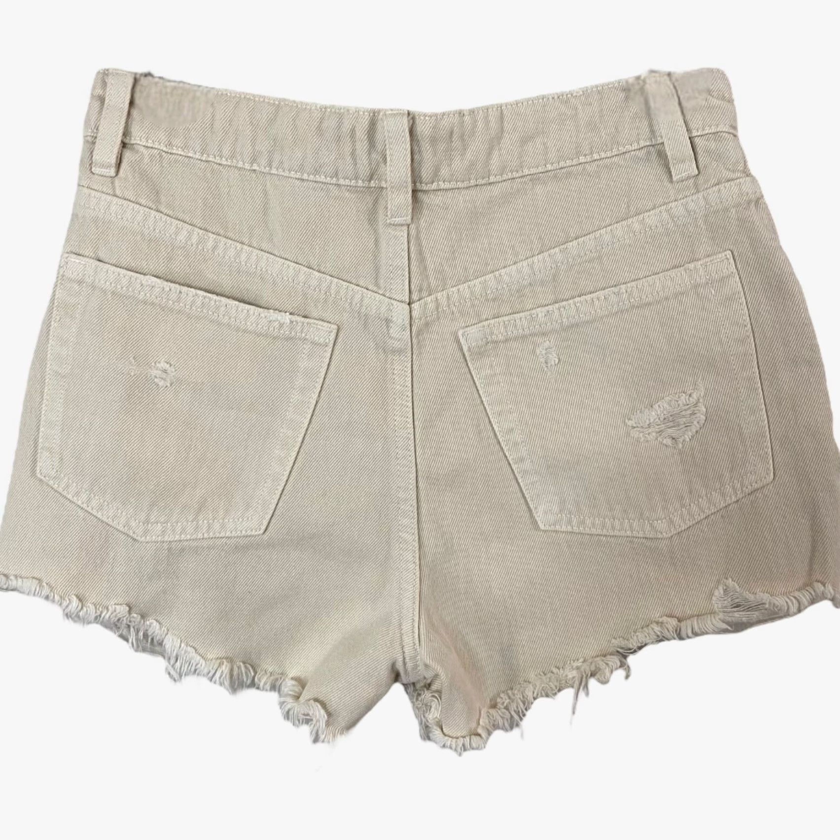 Zara Zara High-Waisted Jean Shorts Women's 2 Cream Distressed Raw-Hem Frayed Denim Shirt? Size 26" / US 2 / IT 38 - 4 Thumbnail