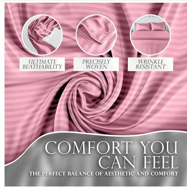 NBDN Nobrandedon Striped Satin Sheets Set King 4pc Hypoallergenic Size ONE SIZE - 3 Thumbnail