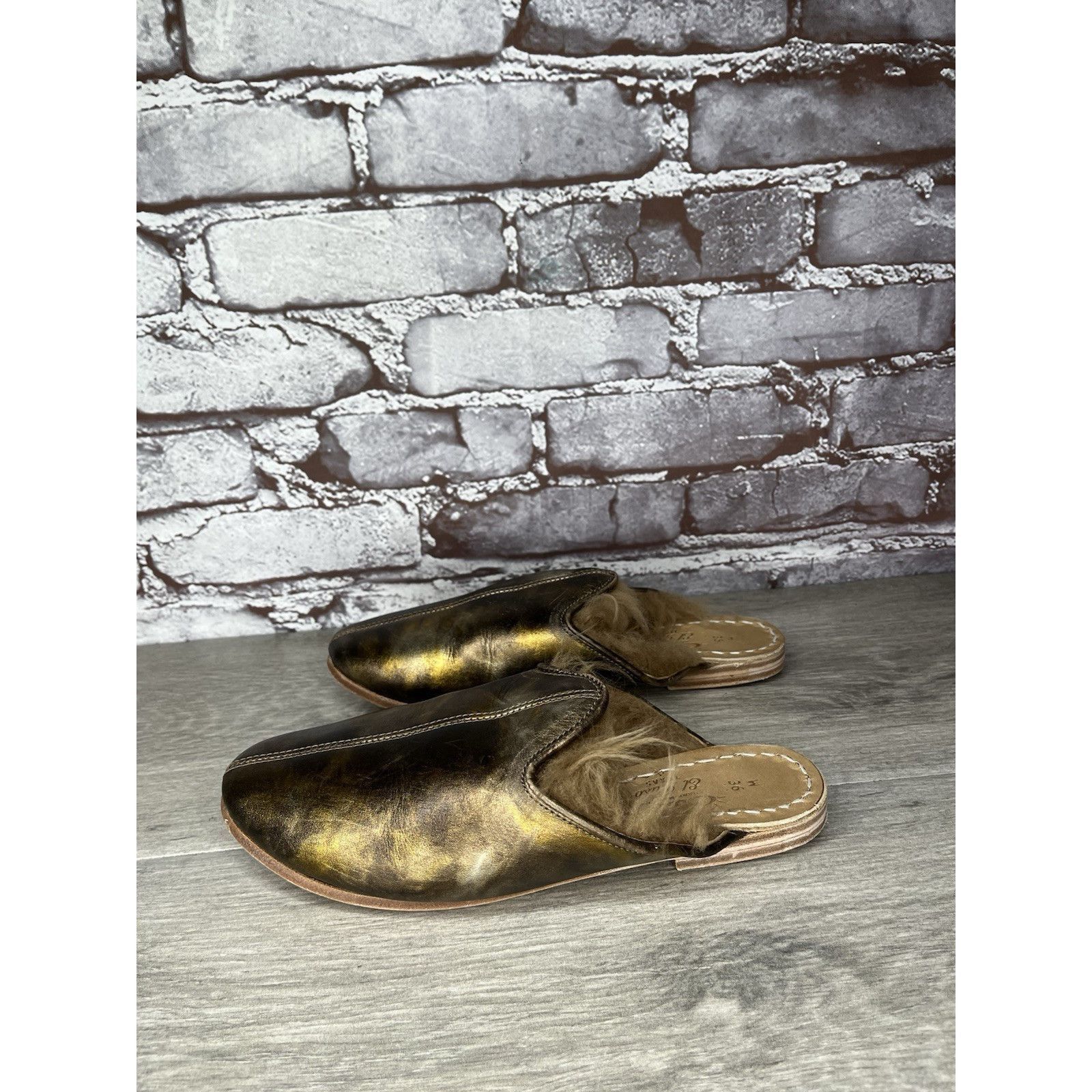 Saba Sabah Baba Big Bend Olive Shearling Bronze Slippers Mules Fl Size US 6 / IT 36 - 13 Thumbnail