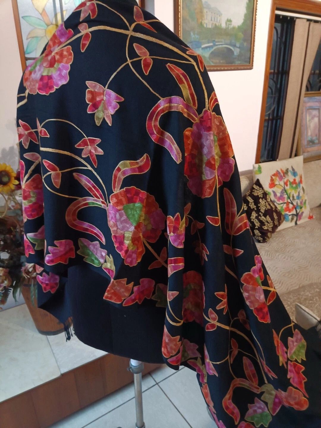 Other Cashmere Vibrant Hand Embroidered Floral Scarf Kashmiri Size ONE SIZE - 3 Thumbnail