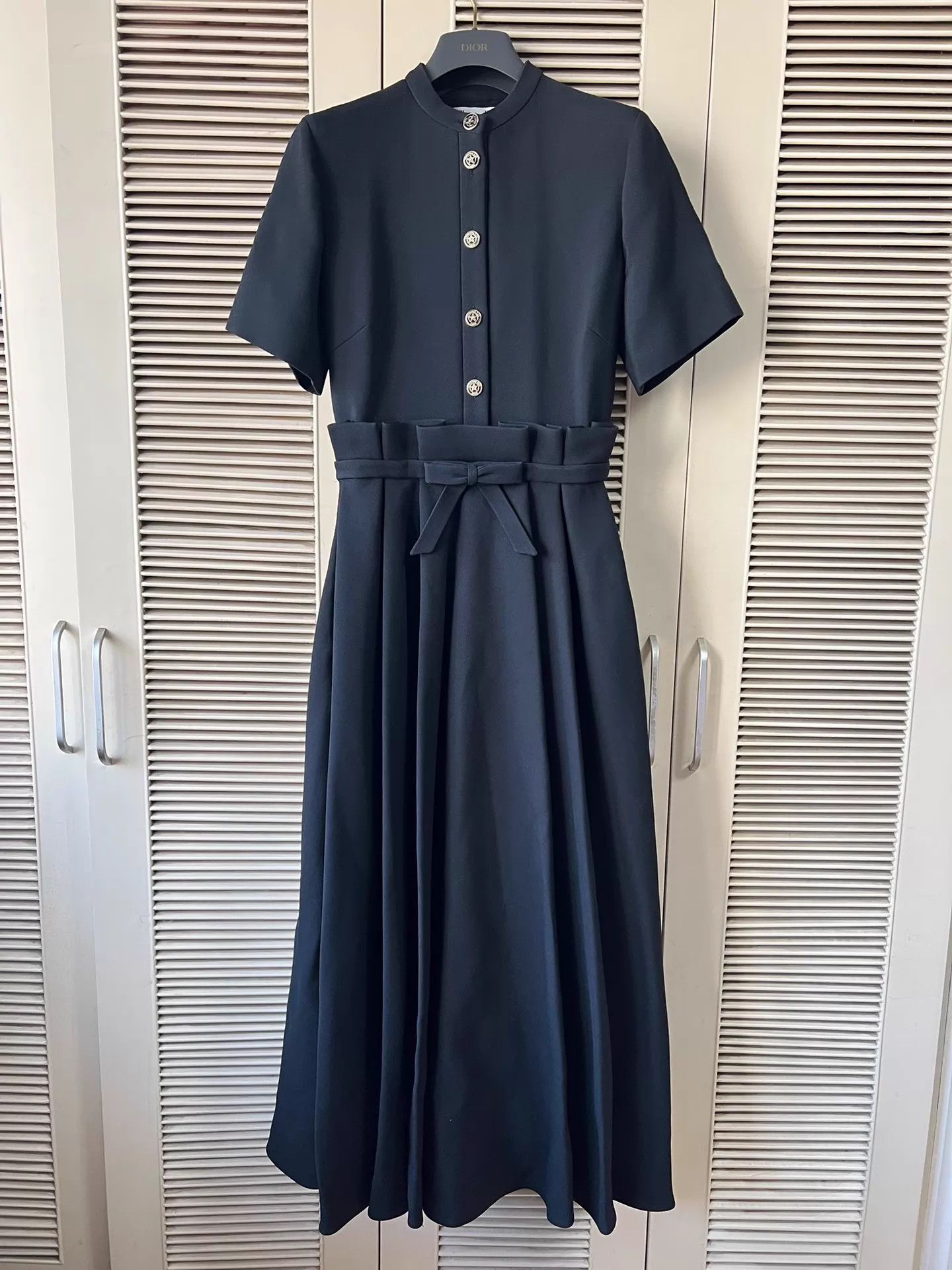 Dior black waist-cinched gold star button 36 dress