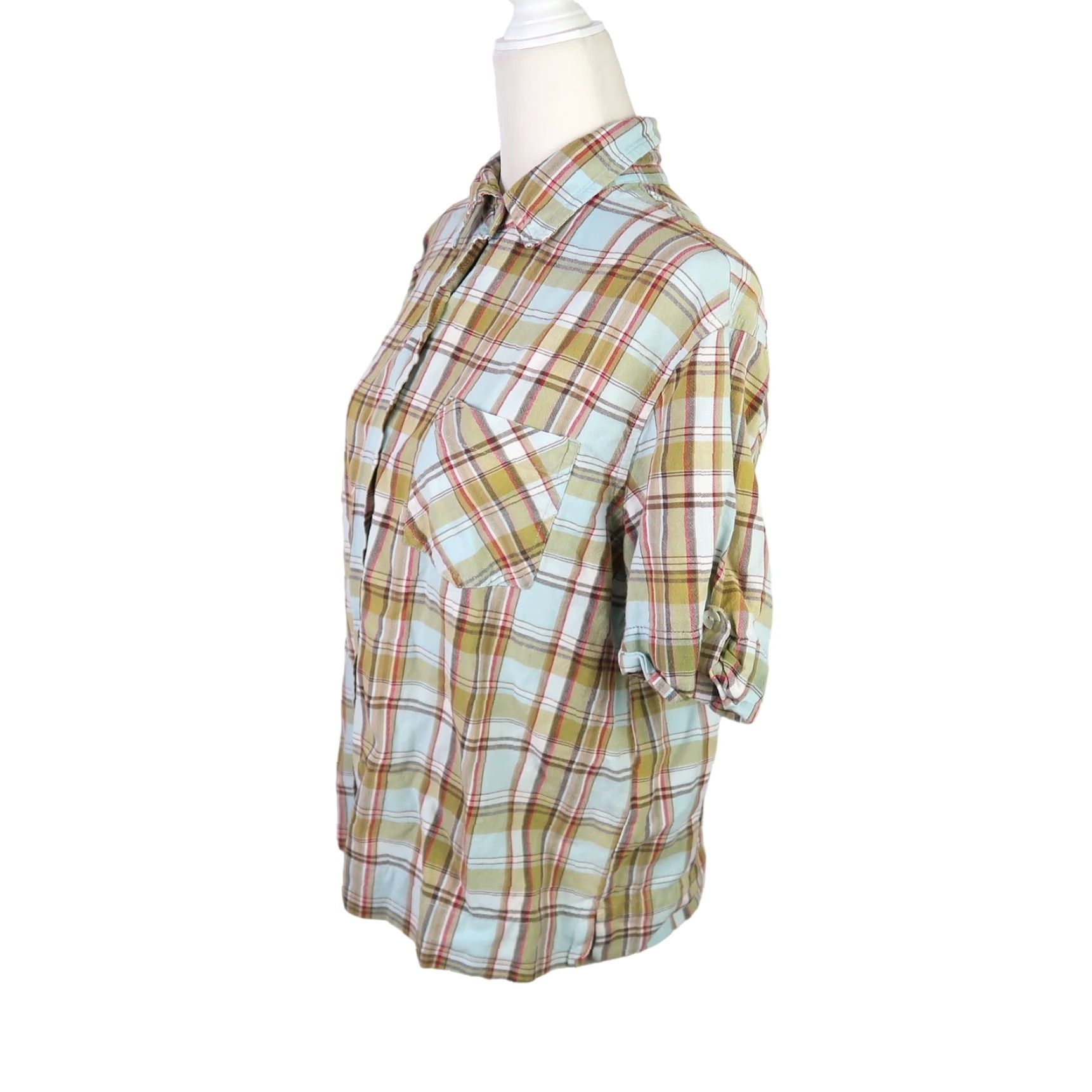 Vintage VINTAGE Erika Plaid Shirt Women 90s Short Sleeve Button-Up L Blue Green Casual 100% Cotton Size L / US 10 / IT 46 - 3 Thumbnail