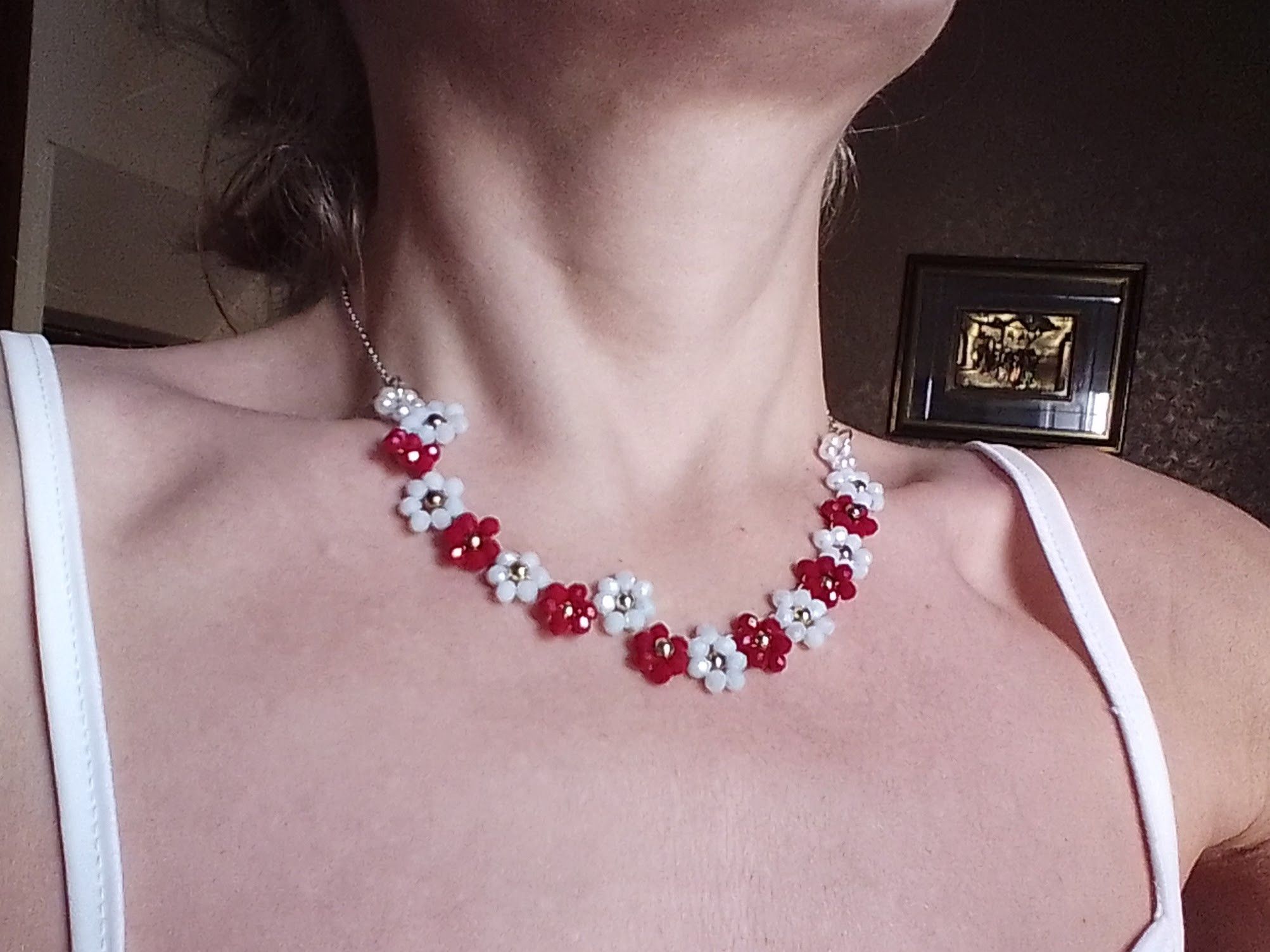 Handmade Necklace Red White Flowers Crystal. Earrings. Size ONE SIZE - 11 Thumbnail