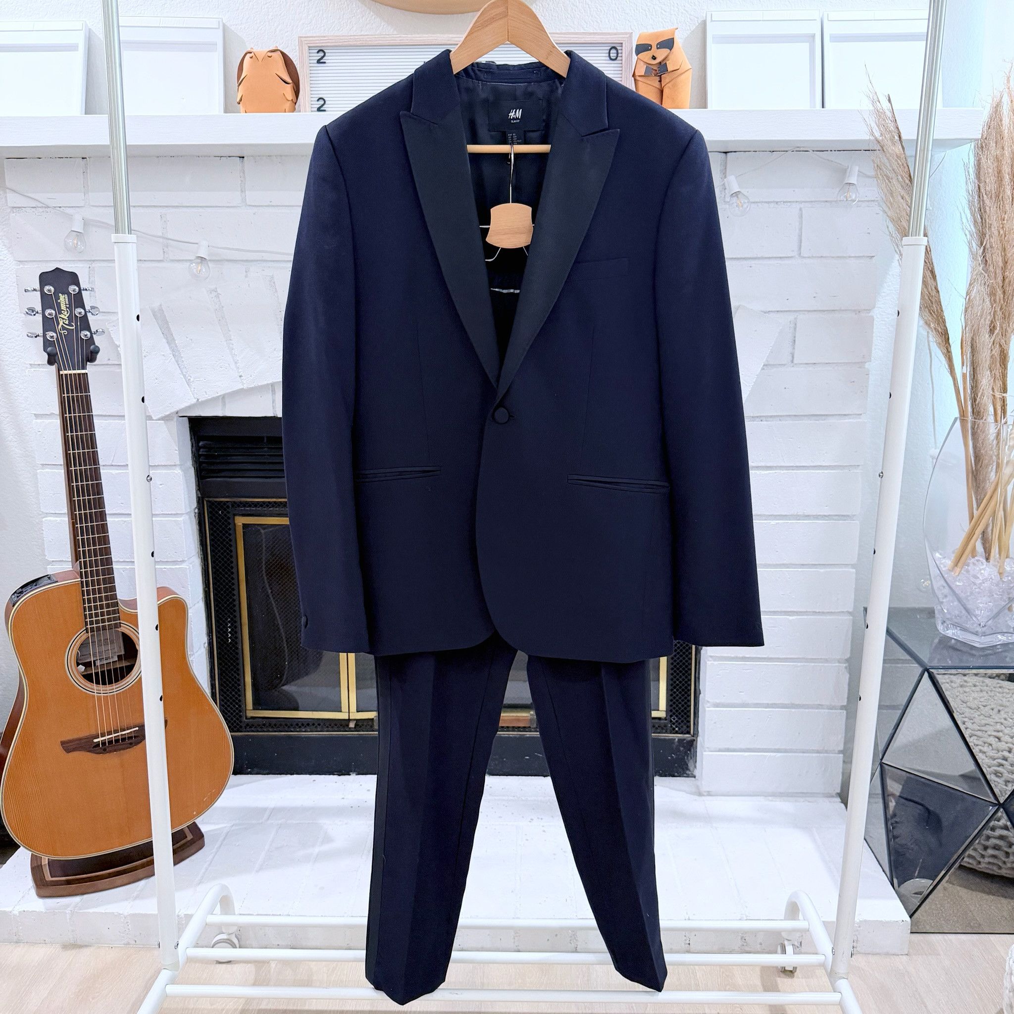 H&M H&M Slim Fit Dark Navy Blue Black Collar Tuxedo Suit Set Size 40R - 1 Thumbnail