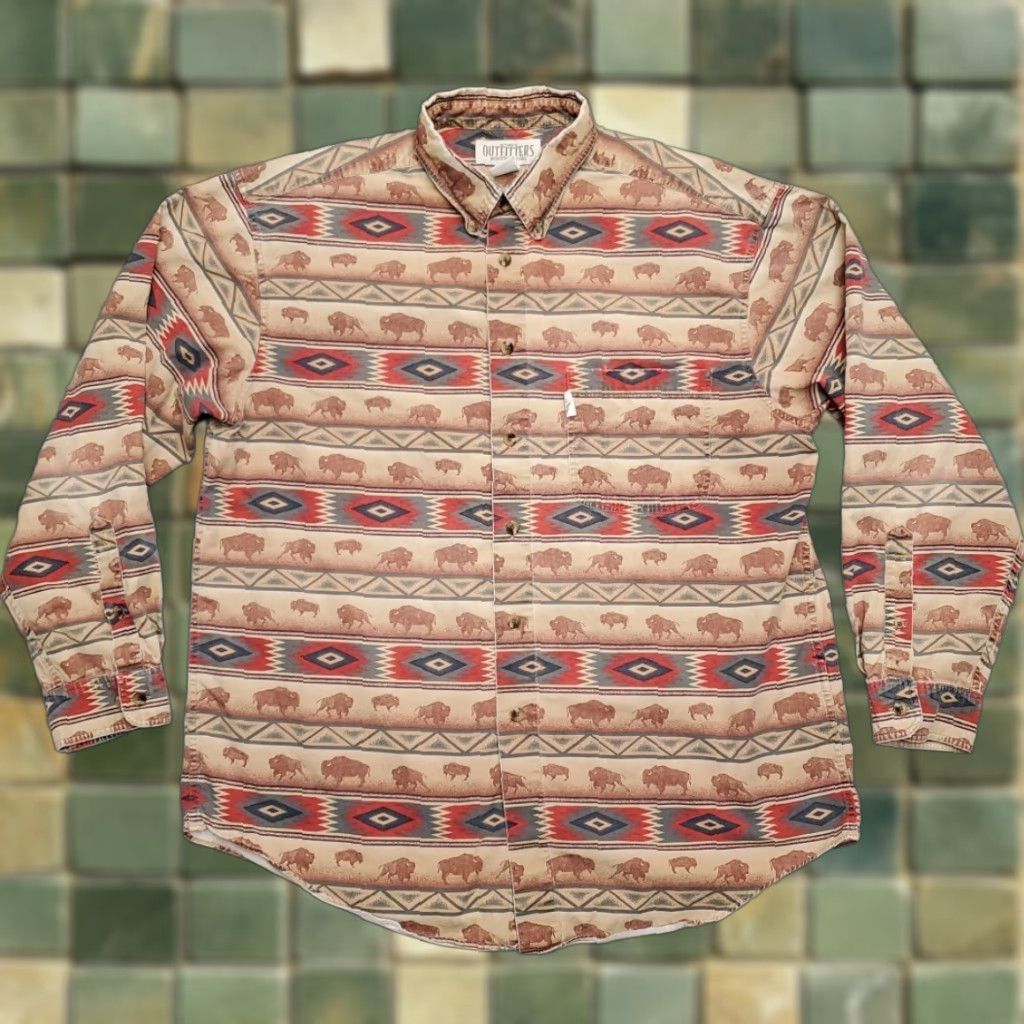 Roundtree & Yorke VINTAGE Roundtree & Yorke Shirt Mens L Brown Aztec Bison Buffalo 90s Nature Outdoor Cowgirl? Size US L / EU 52-54 / 3 - 1 Thumbnail