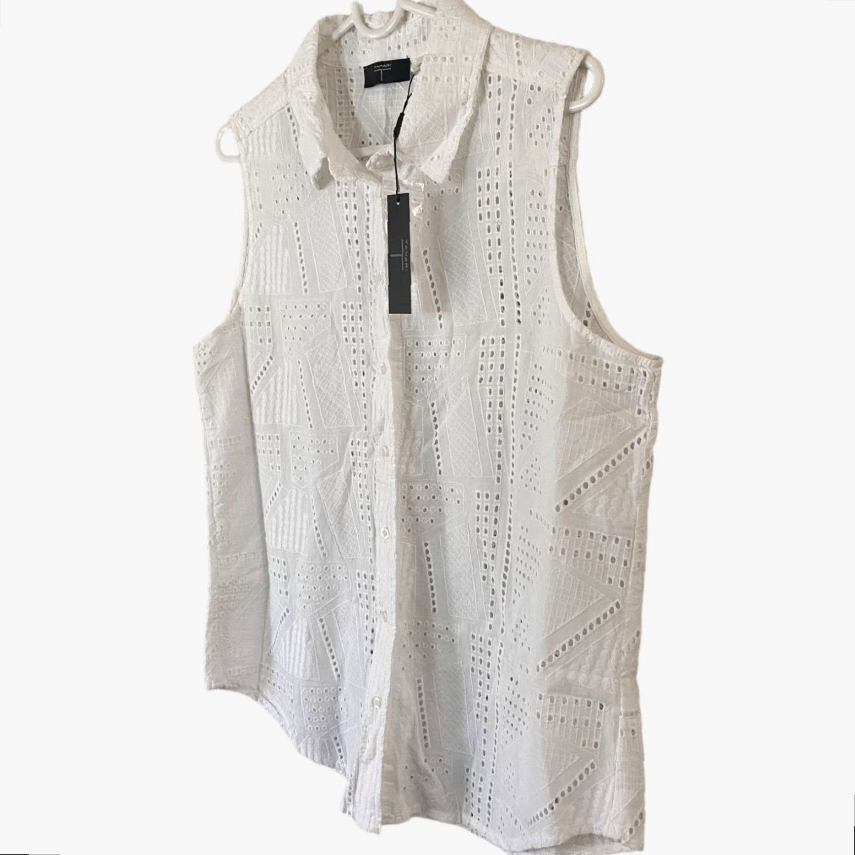 Vintage VINTAGE Tahari Embroidered Eyelet Button-Up Blouse Top Womens Large Sleeveless Cotton White Spring Summer Ladies Size L / US 10 / IT 46 - 3 Thumbnail