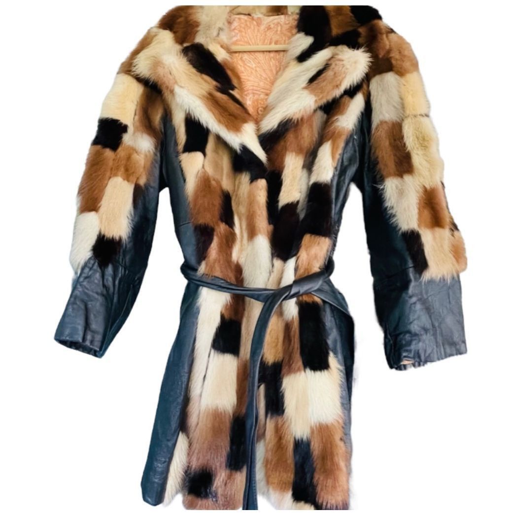 Vintage FUR COAT Genuine Y2K Vintage Rabbit Fur Leather Patchwork Long Belted Winter Coat Jacket Size XL / 14-16 Size L / US 10 / IT 46 - 5 Thumbnail